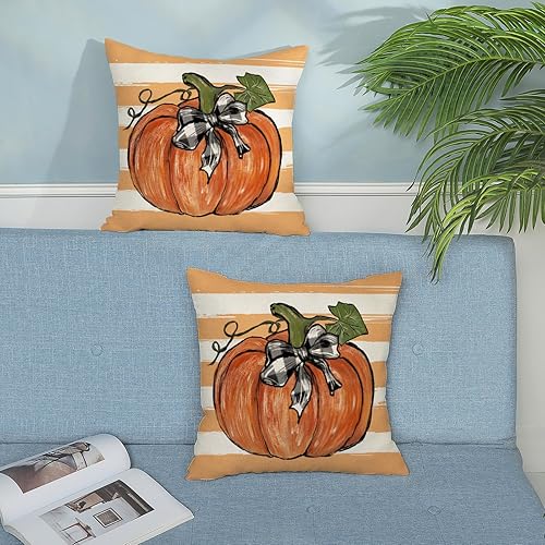 Miniatura 235 de Juego de 2 fundas de almohada de otoño de 18 x 18 pulgadas, hojas de arce de calabaza y búfalo a cuadros, decoración de otoño, de lino, Acción