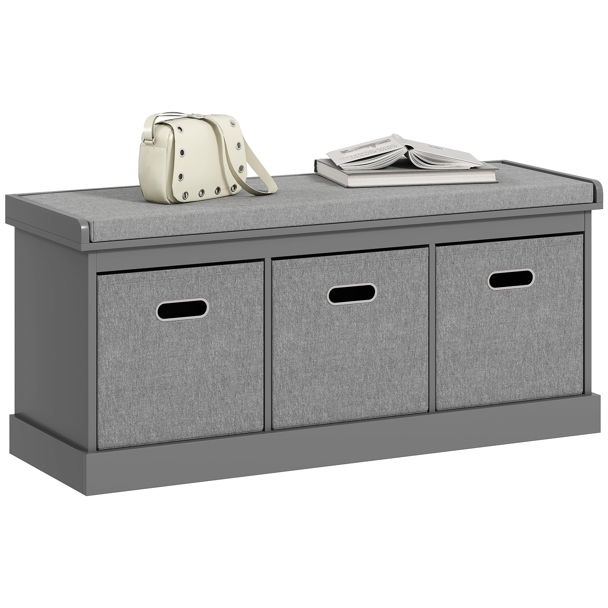 HOMCOM Shoe Bench with 3 Fabric Baskets for Entryway, Seat Cushion, Grey โ image 1