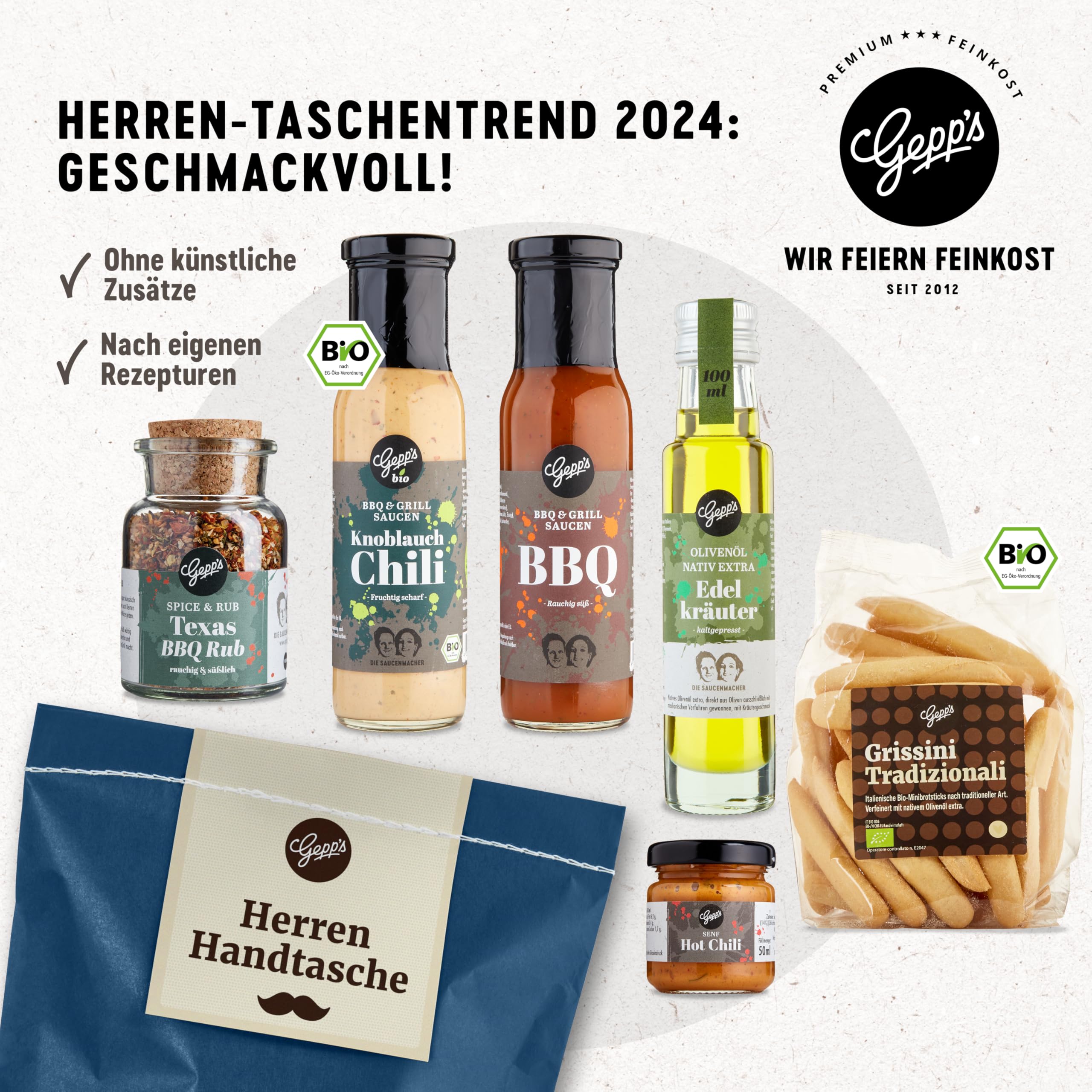 Gepp’s Feinkost Herrenhandtasche mit Delikatessen Knoblauch-Chili-Sauce Edelkräuter-Olivenöl Texas BBQ Rub Geschenkidee für Männer