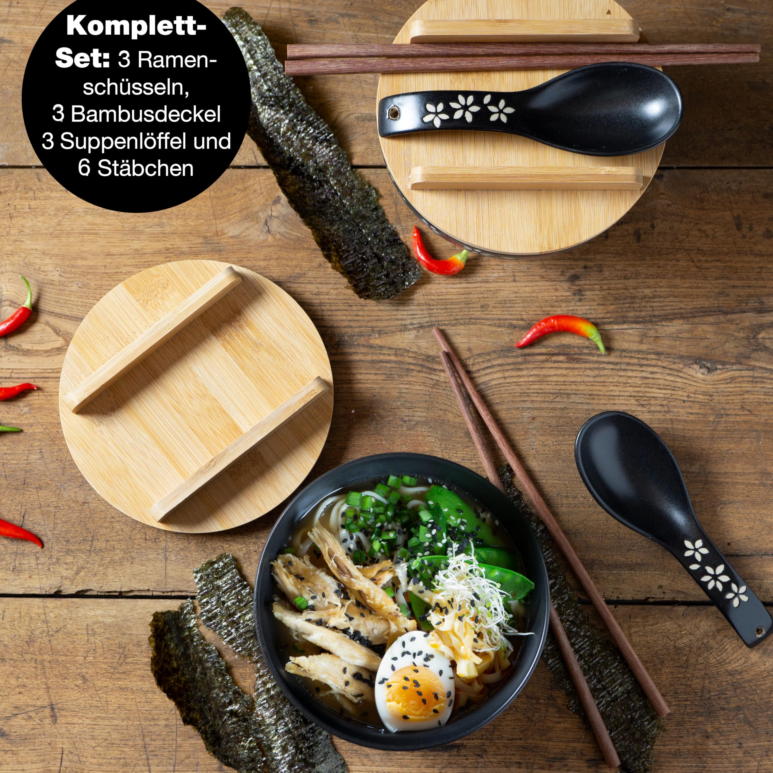 Moritz & Moritz 3x Ramen Schüssel Keramik - 600 ml - 15 cm Ø - Schwarzes Ramen Bowl Set für 3 Personen - Für Suppe, Pho und Sushi Bowl - Inkl. Stäbchen, Deckel und Löffel