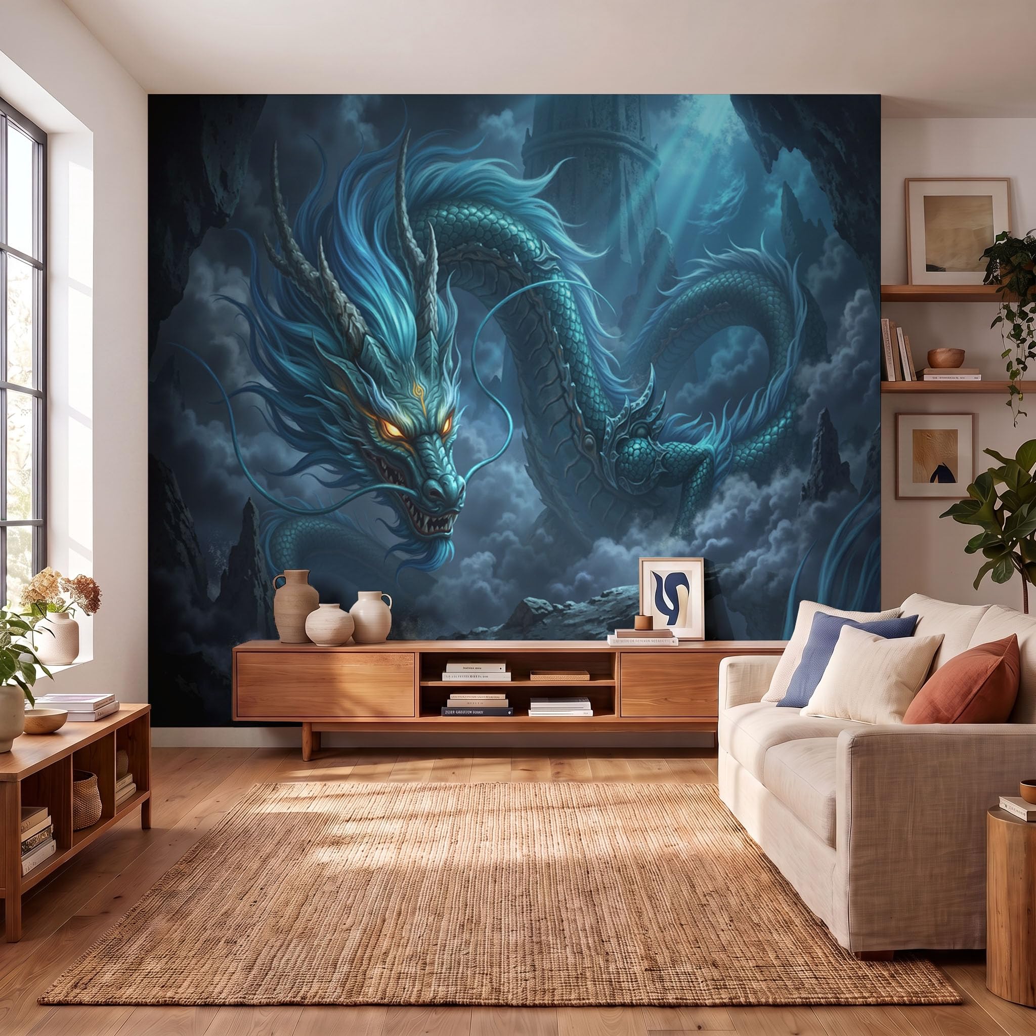 Papier Peint Panoramique Intissé Dragon Oriental Fantastique En 3D 450X315Cm | Papier Peint Photo Paysage Grotte Brumeuse,Fresque Murale Cyan Foncé,Affiche Géante Pour Salon Chambre Décoration Murale