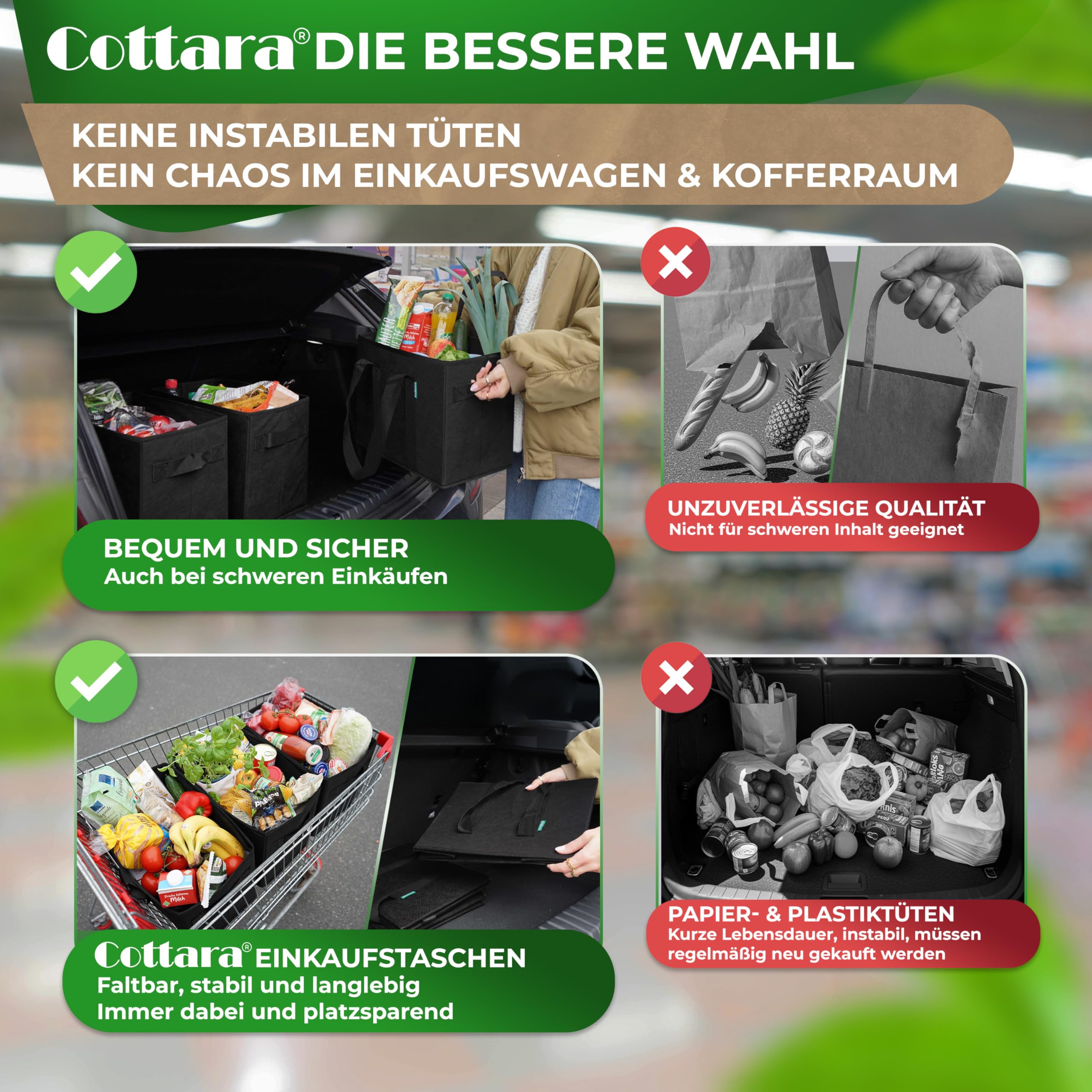 COTTARA® faltbare Einkaufstasche groß 3er Pack & Obstnetz – stabiler großer Einkaufskorb faltbar mit verstärktem Boden – Ideale Einkaufstasche für Einkaufswagen & Kofferraum – 80 L Schwarz