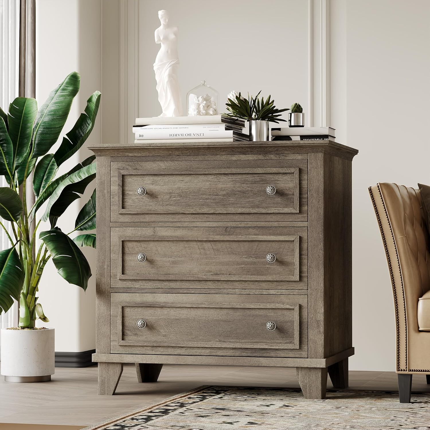 GarveeHome Grey 3 Drawer Dresser for Bedroom, Wide Chest of Drawers with Vintage Handle, Wood Dresser Wide Nightstand for Living Room - Image 4