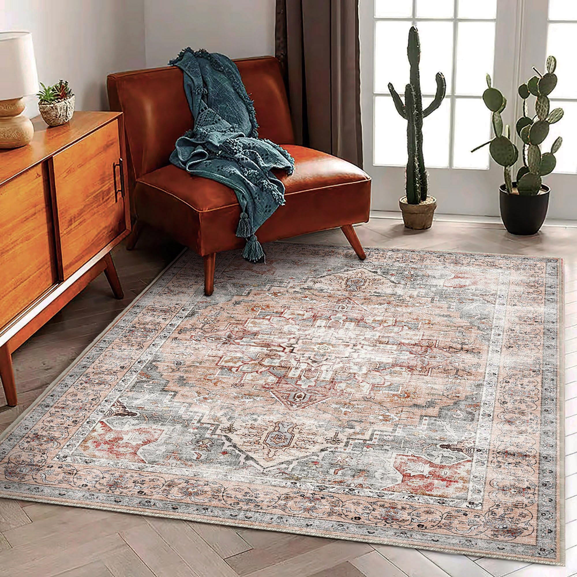 CHAMPLANT Area Rug 5'x7' Light Cyan and Light red Washable Rug Vintage Traditional Floor Cover Thin Retro Kitchen Indoor Distressed Non Slip Carpet