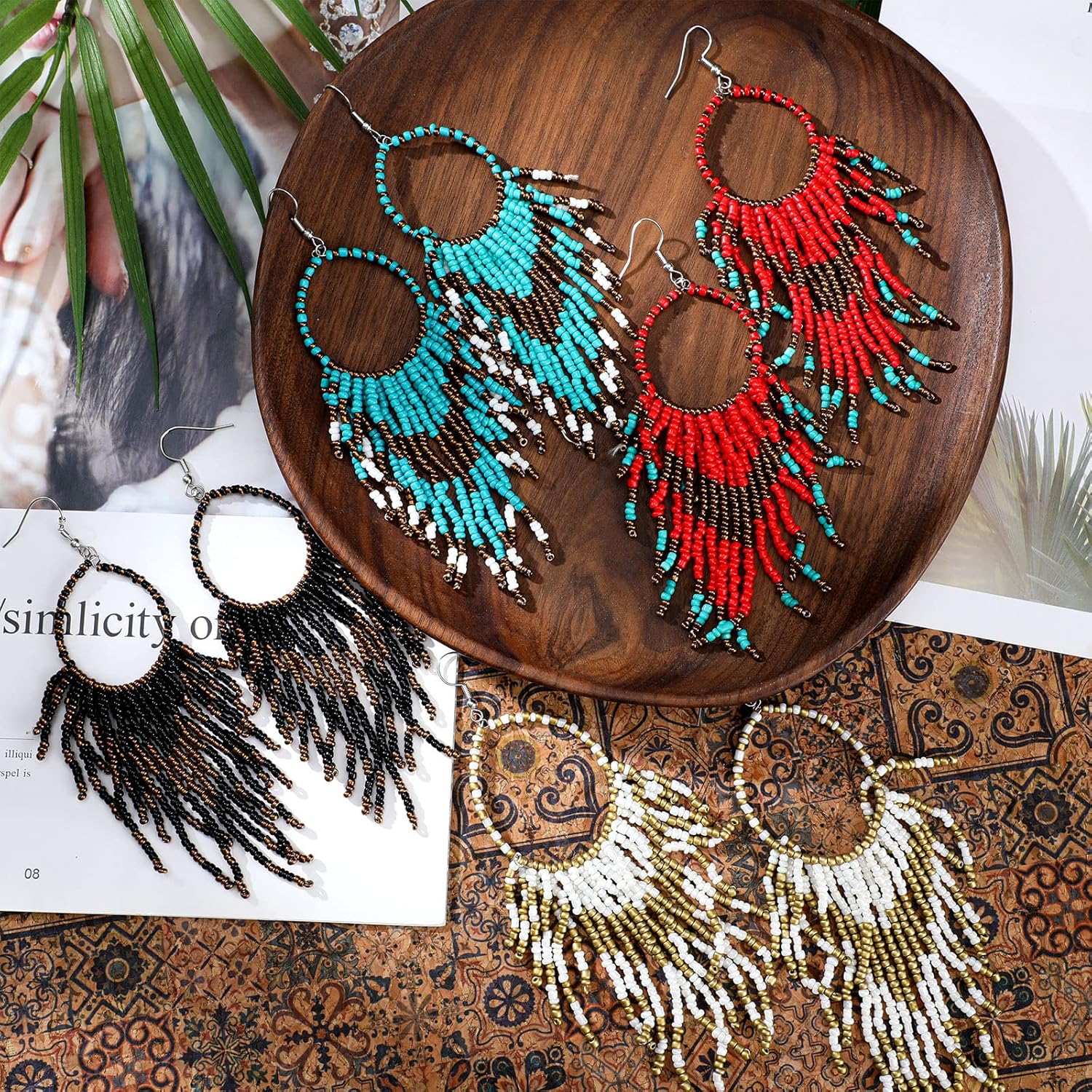 BBTO 4 Pcs Long Beaded Tassel Earrings Bohemia Colorful Native Handmade Statement Fringe Drop Earrings Boho Dangle Tassel Earrings for Women(Elegant Color) - Image 7