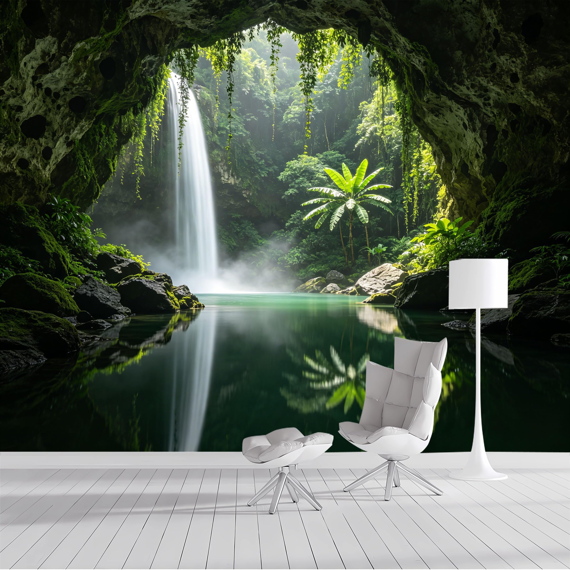 Custom Size Wall Mural Tropical Waterfall Jungle Cave Landscape Nature Scenery SelfAdhesive Wall Fabric Removable Peel and Stick Wallpaper Wall Decor for Living Room Bedroom Bathroom