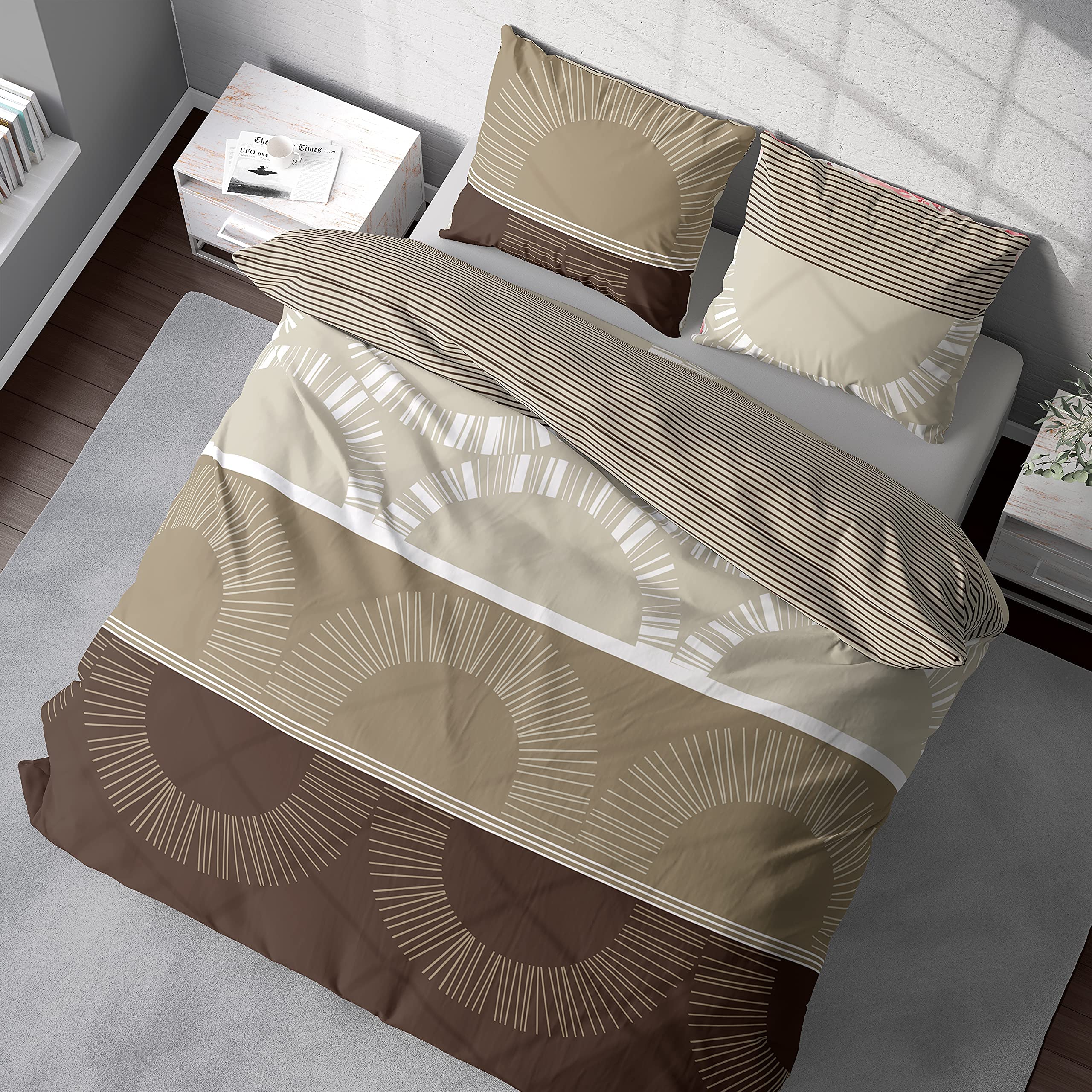 Juego de ropa de cama de 135 x 200 cm, 2 piezas, 100% algodón con cremallera, diseño Mochaccino, funda nórdica de 135 x 200 cm, funda de almohada de 80 x 80 cm.