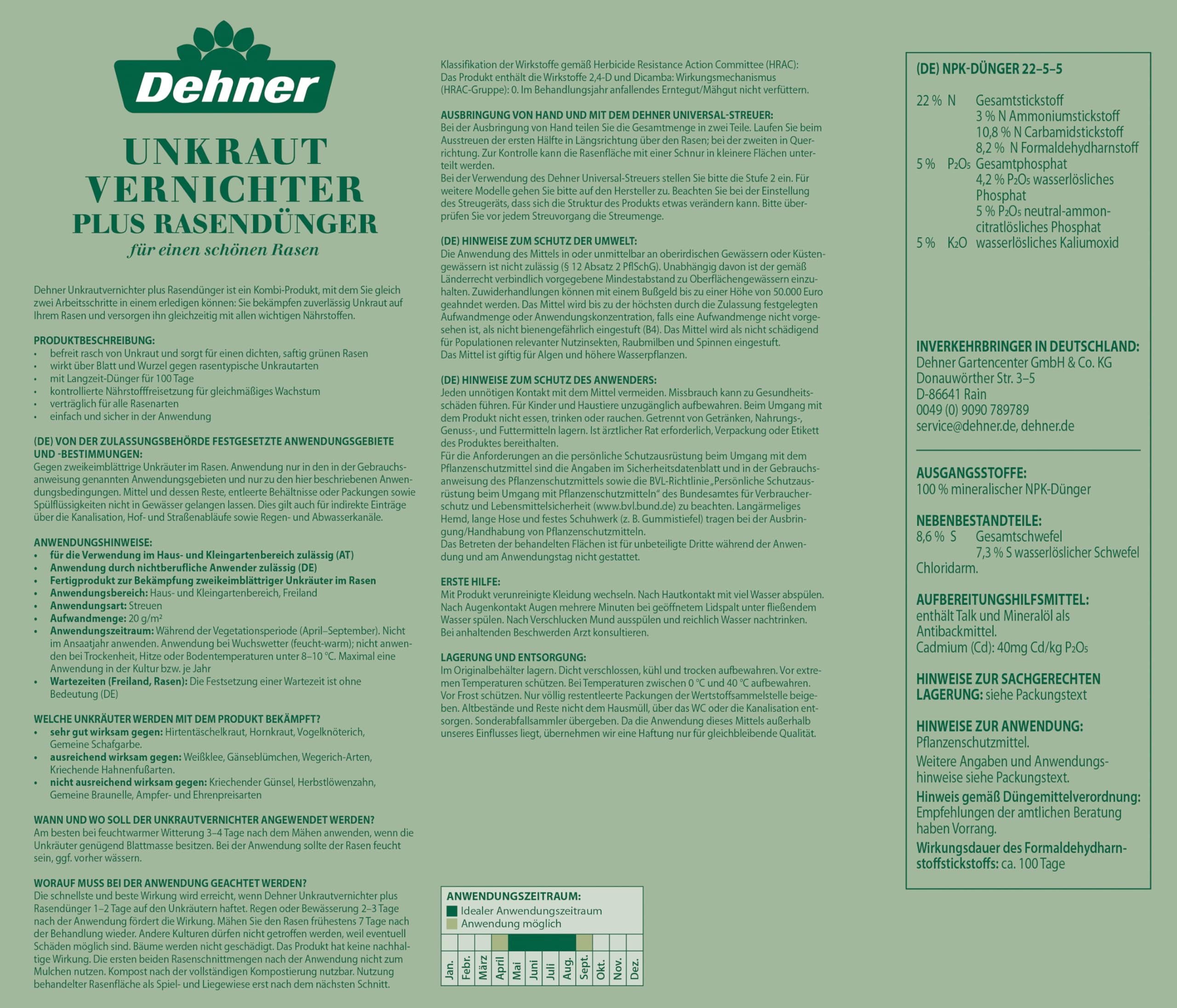 Dehner Unkrautvernichter plus Rasendünger | NPK-Dünger, Mischdünger, Unkrautvernichtung | Chlorarm | Kalium | sicher gegen Unkraut | Langzeitwirkung | 2 in 1 | Markenqualität | für ca. 250 qm