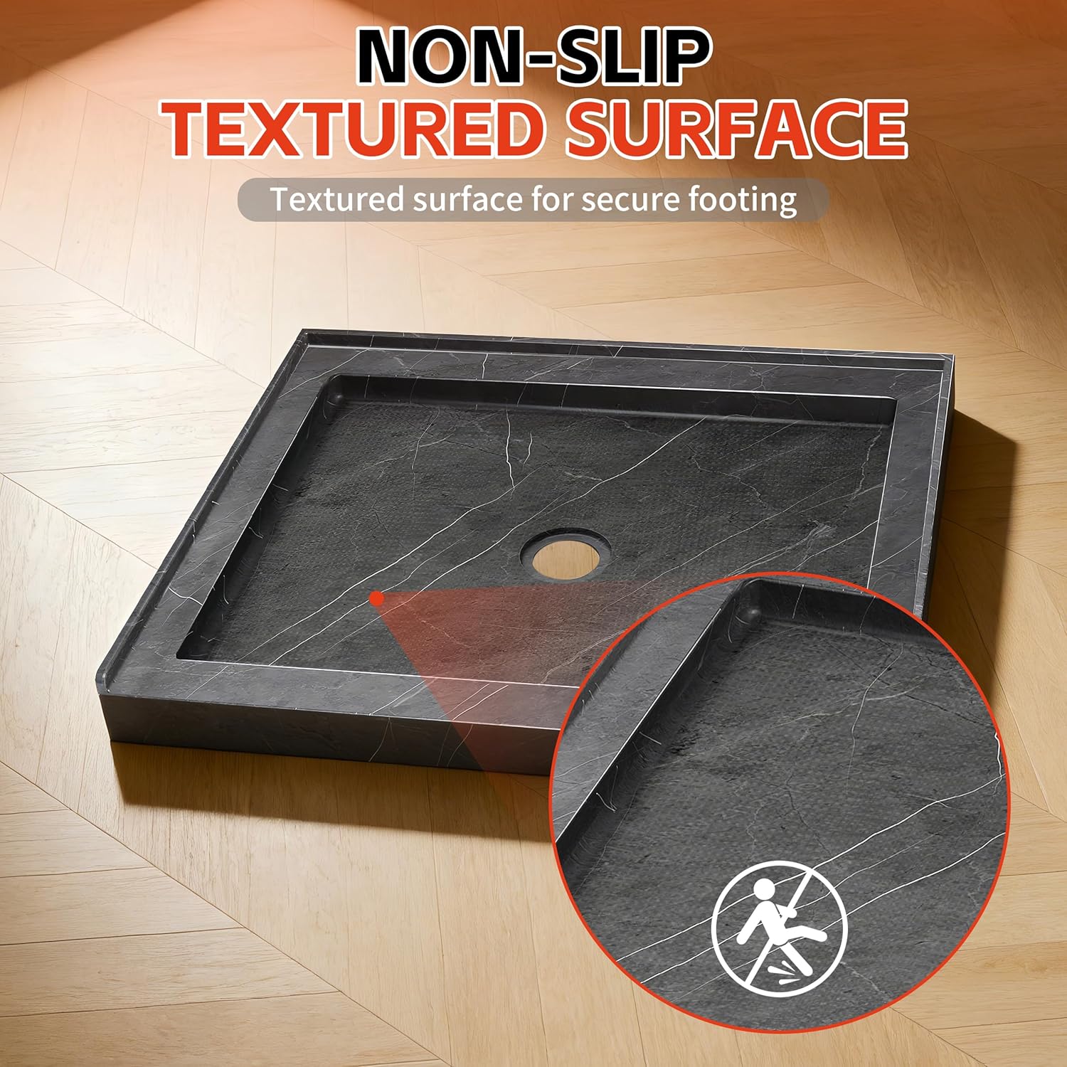 CKB Shower Base 36 in x 36 in with Center Drain, Gray Marble Look Acrylic Fiberglass Alcove Shower Pan, Low Profile Threshold, Slip Resistant, Waterproof, Square