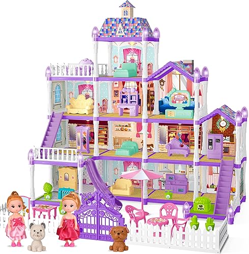 Miniatura 7 de Juego de casa de muñecas para niños y niñas, 4 pisos, 13 habitaciones, 3 muñecas y 2 cachorros, muebles y accesorios para niñas de 5, 6, 7, 8 años