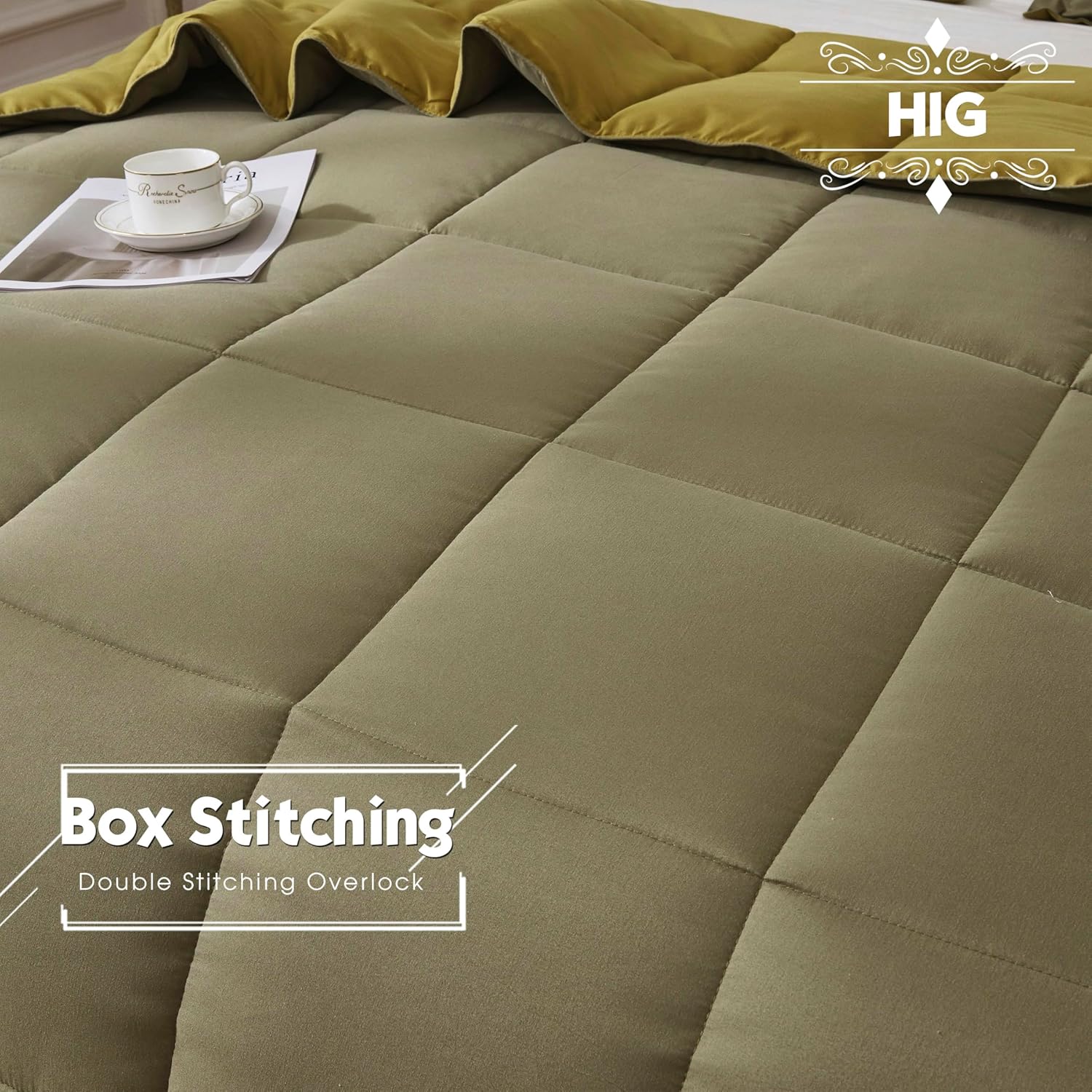 HIG 3pc Dark Olive King Size Comforter Set - All Season Reversible Down Alternative Comforter with Two Shams - Quilted Duvet Insert with Corner Tabs - Box Stitched Blanket - Breathable, Soft, Fluffy
