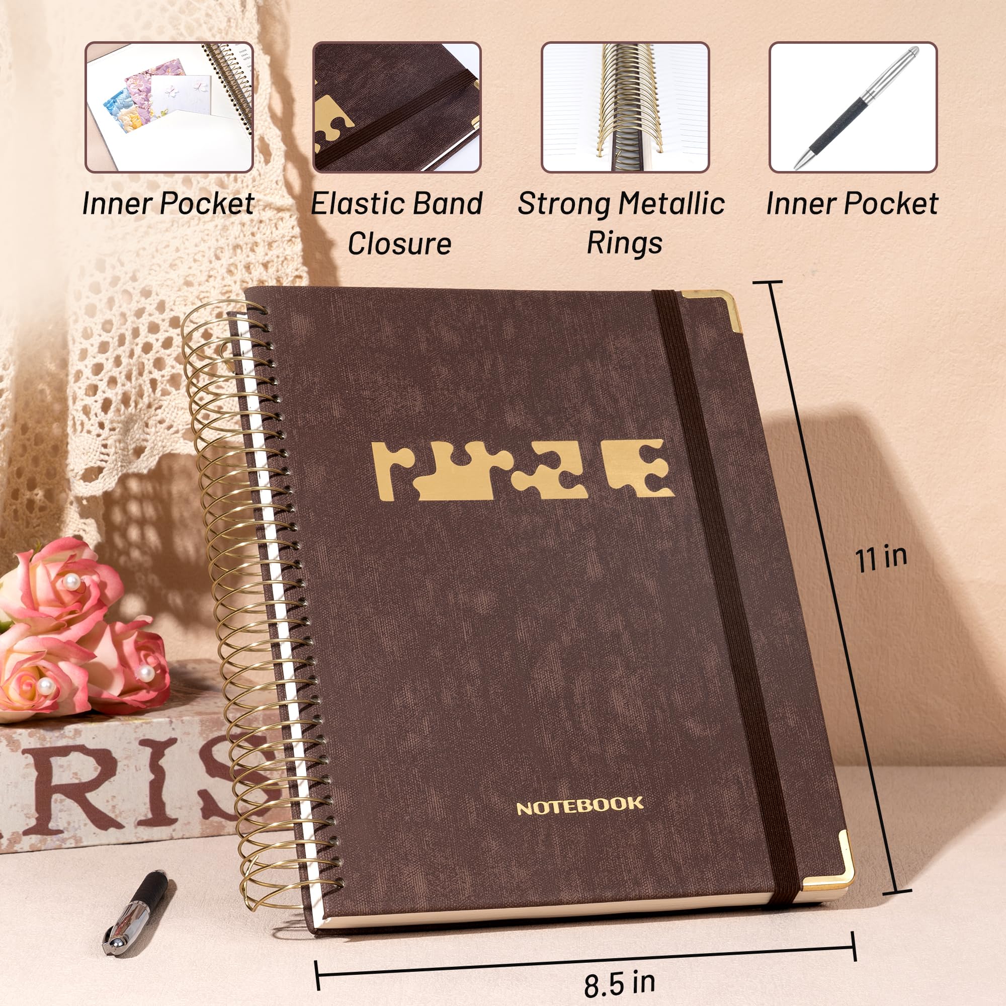 CAGIE Cuaderno de espiral de 8.5 x 11 pulgadas, 320 páginas de cuero A4, cuaderno grande de 100 g/m², rayado universitario, cuaderno grueso de tapa dura con calcomanías para hombres y mujeres, diario
