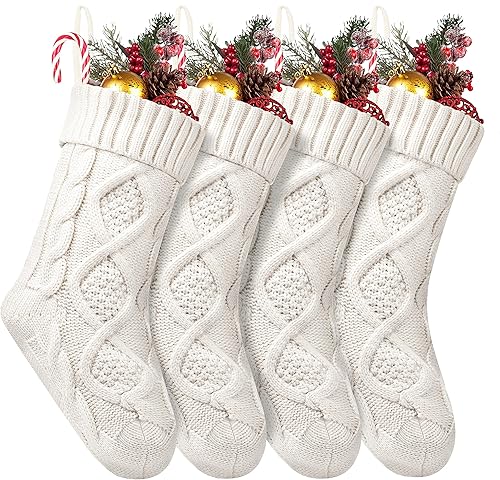 Vista 73 de Fesciory Paquete de 4 medias de Navidad de 18 pulgadas, tamaño grande, calcetines de punto trenzado, regalos y decoraciones para vacaciones Blanco