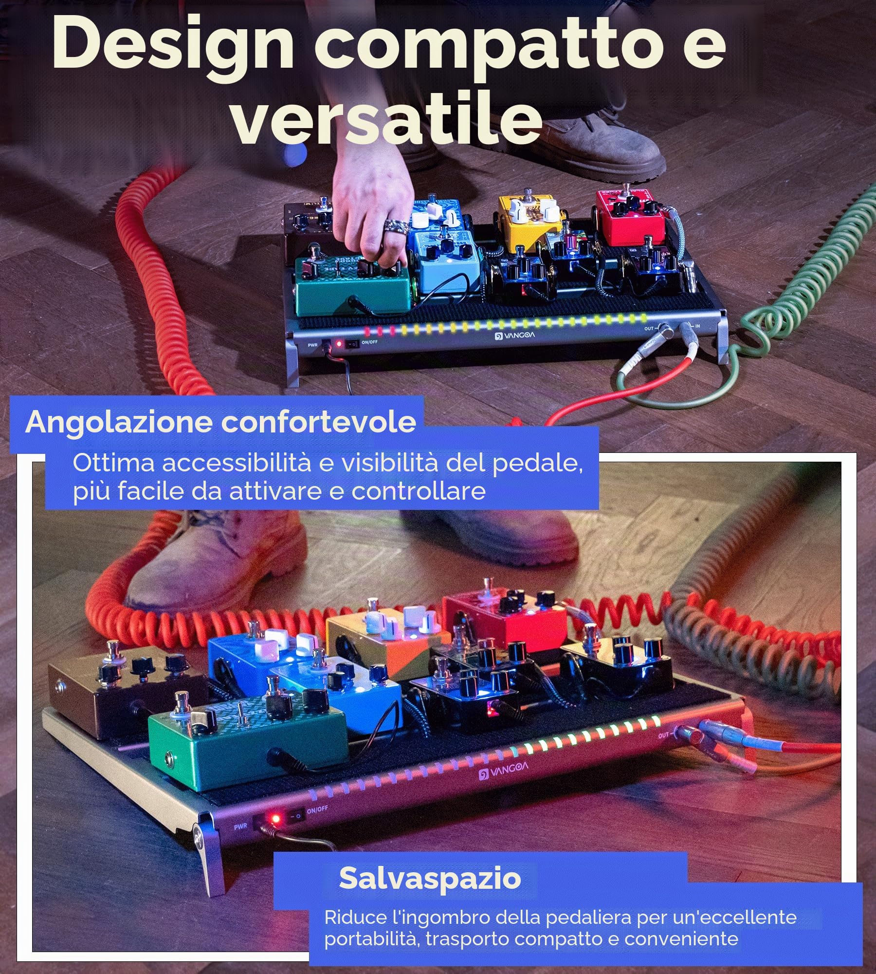 Vangoa Pedaliera per chitarra Pedalboard con Alimentatore Isolato,Incorporato PD-M in Alluminio, Piccola Pedaliera Portatile Pieghevole per Chitarra con Borsa per il Trasporto, Grigio