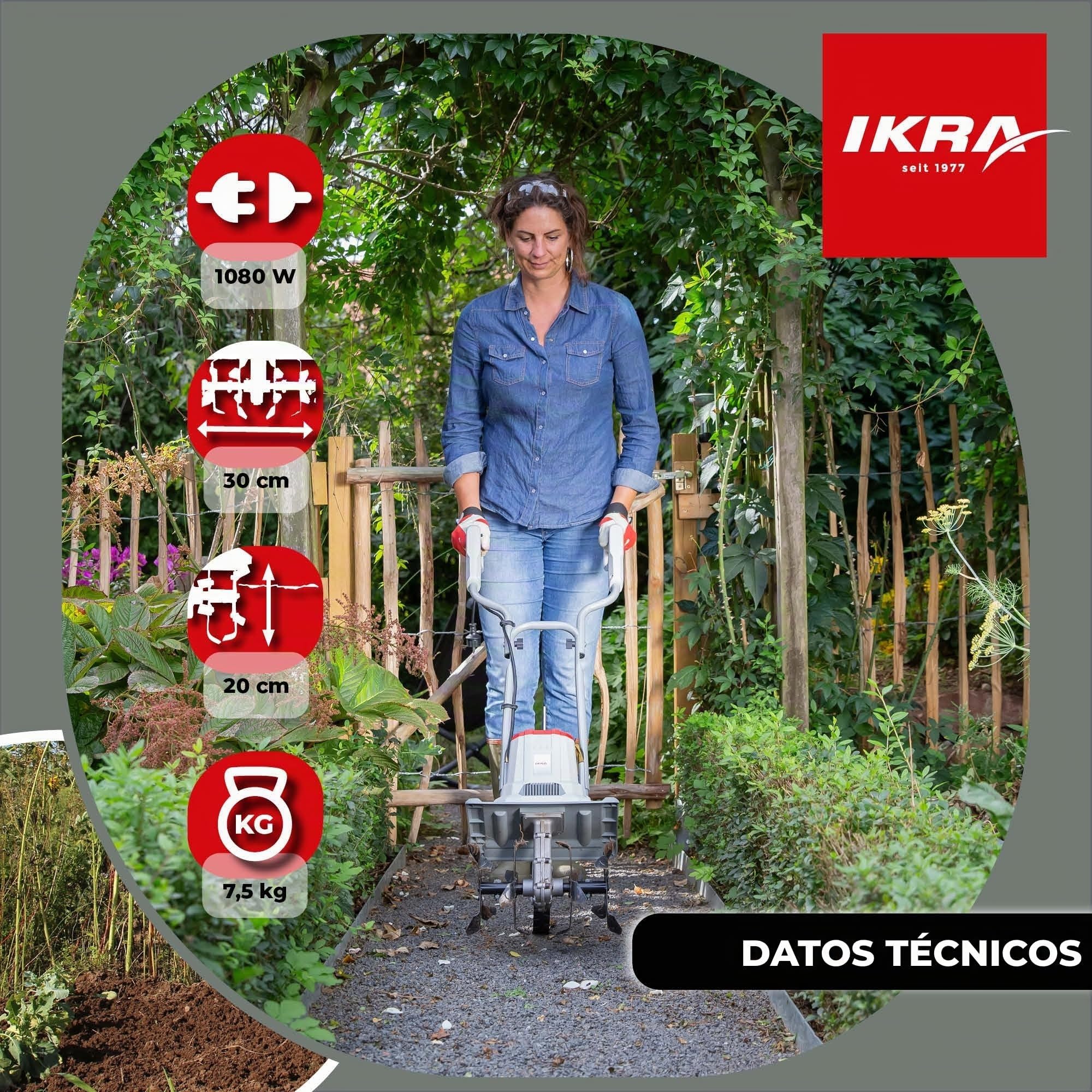 IKRA motozada eléctrica IET 1030, Ancho 30 cm, Profundidad 20 cm | 1080 W, espolón de freno, rueda de transporte, plegable ahorra-espacio, protección contra sobrecargas