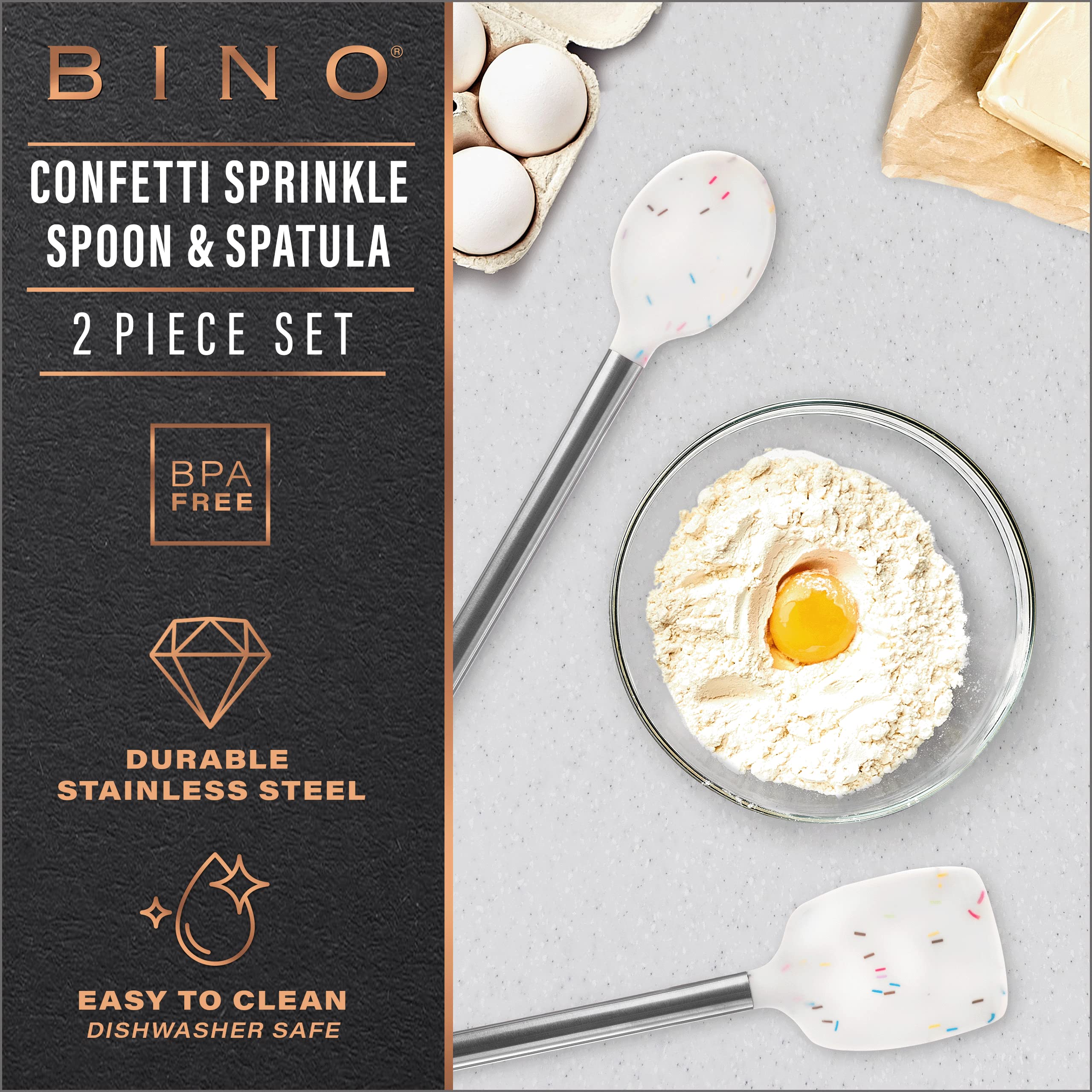 BINO 2-Piece Silicone Spoon and Spatula Set - Confetti | Stainless Steel & Heat Resistant Handle | Nonstick Kitchen Utensils for Cooking | Serving & Mixing in Nonstick Cookware | Kitchen Tools