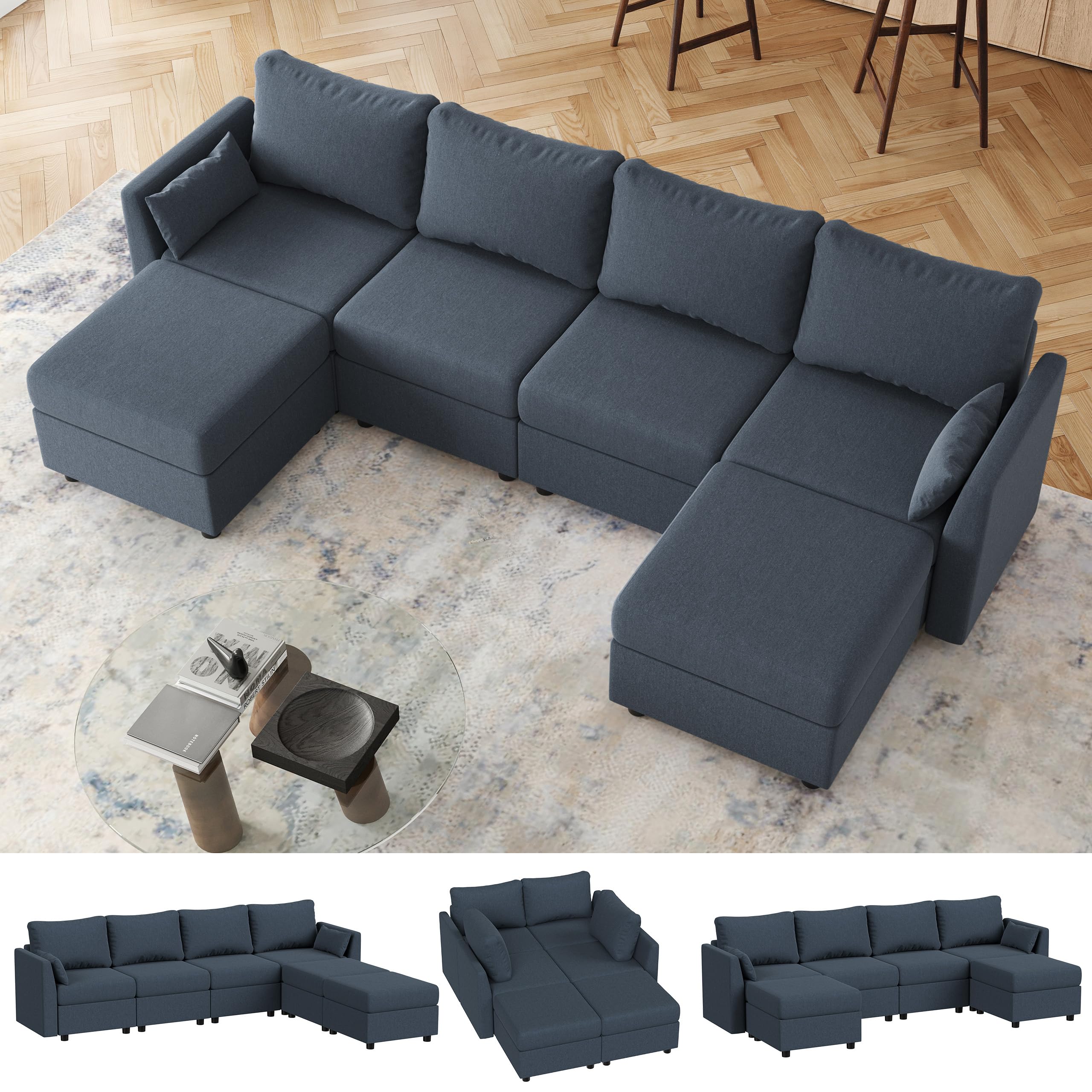 Huatean Home 113" Modular Sectional Sofa, 6 Seat Modular Couch with Storage, Memory Foam, Convertible Sectional Couches for Living Room, U Shaped