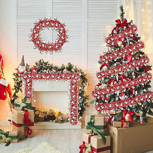 Miniatura 4 de Guirnalda de oropel de Navidad de 50 pies con muñeco de nieve, bastón de caramelo, rojo metálico, guirnaldas de Navidad para decoración de árbol,