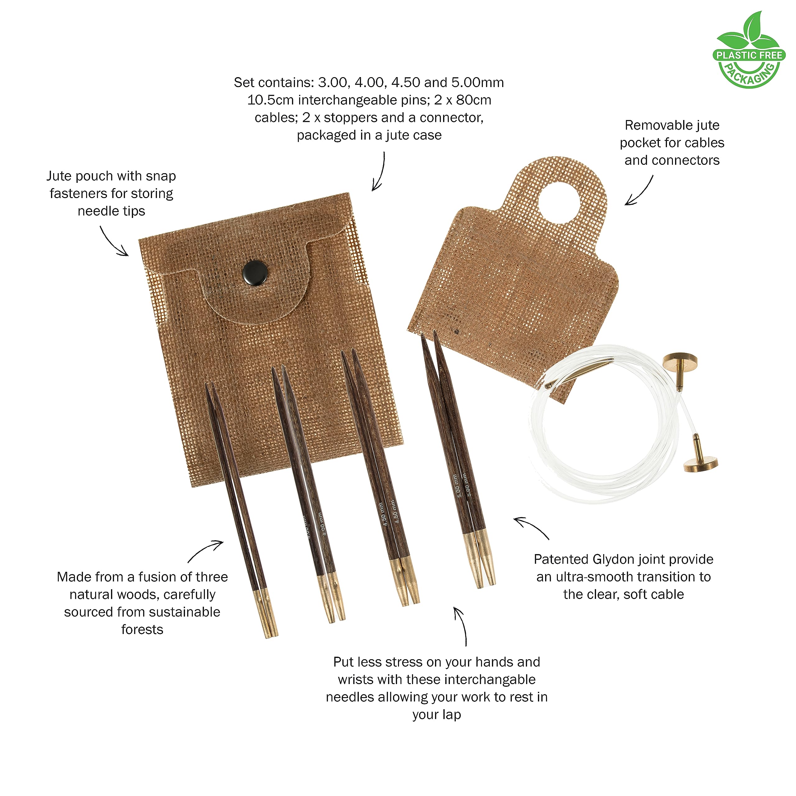 Milward Austauschbares Stricknadel-Set – Jutebeutel für Stifte und Kabel, Stopper, Verbindungsstück – 100% Jute-Druckknopfetui – 10,5 cm x 3,4,4,5,5 mm