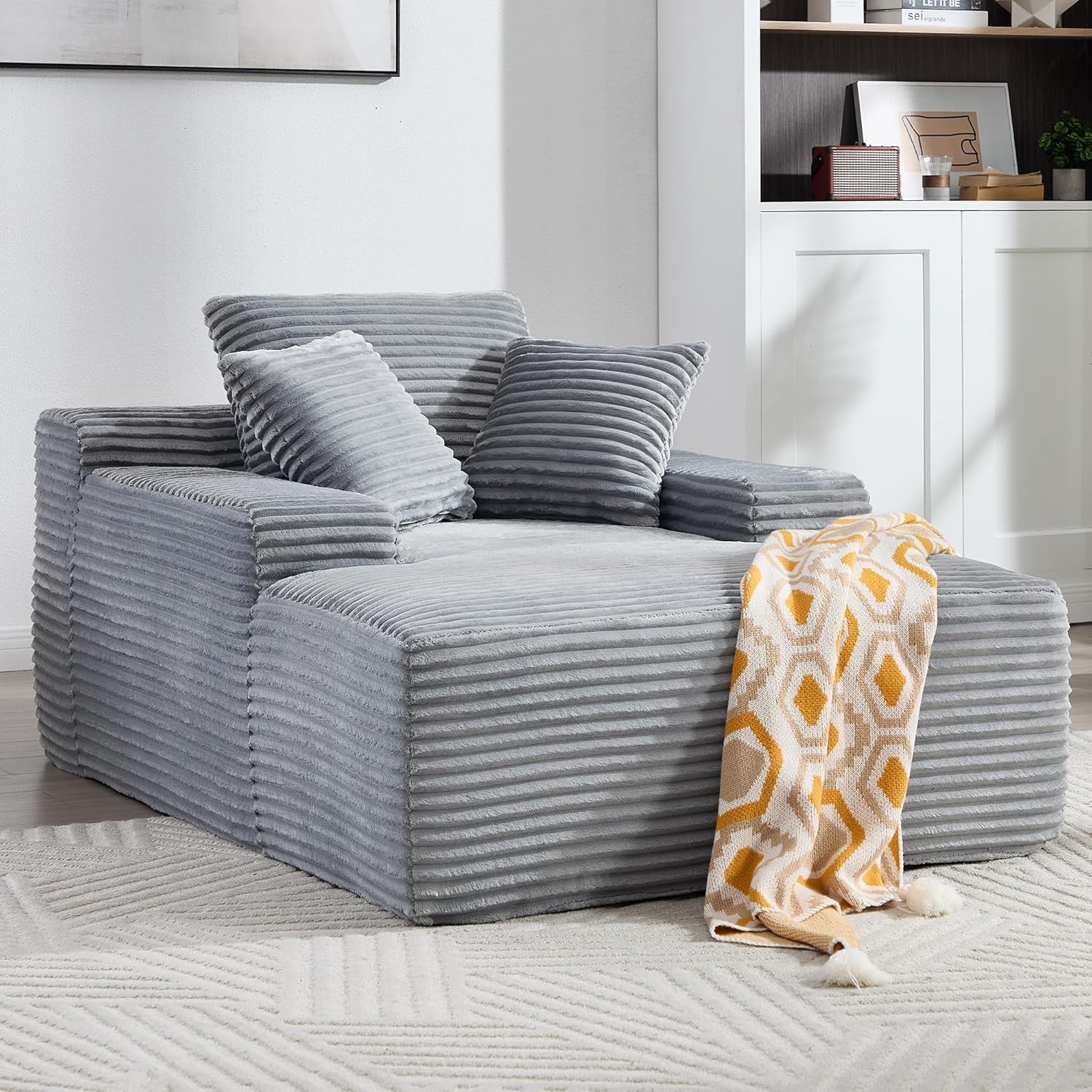 67" Chaise Lounge Chair Indoor, Oversized Corduroy Upholstered Boneless Sleeper Sofa, Deep Seat Lounge and Three Soft Pillows, for Living Room, Bedroom, No Assembly Required (Grey)