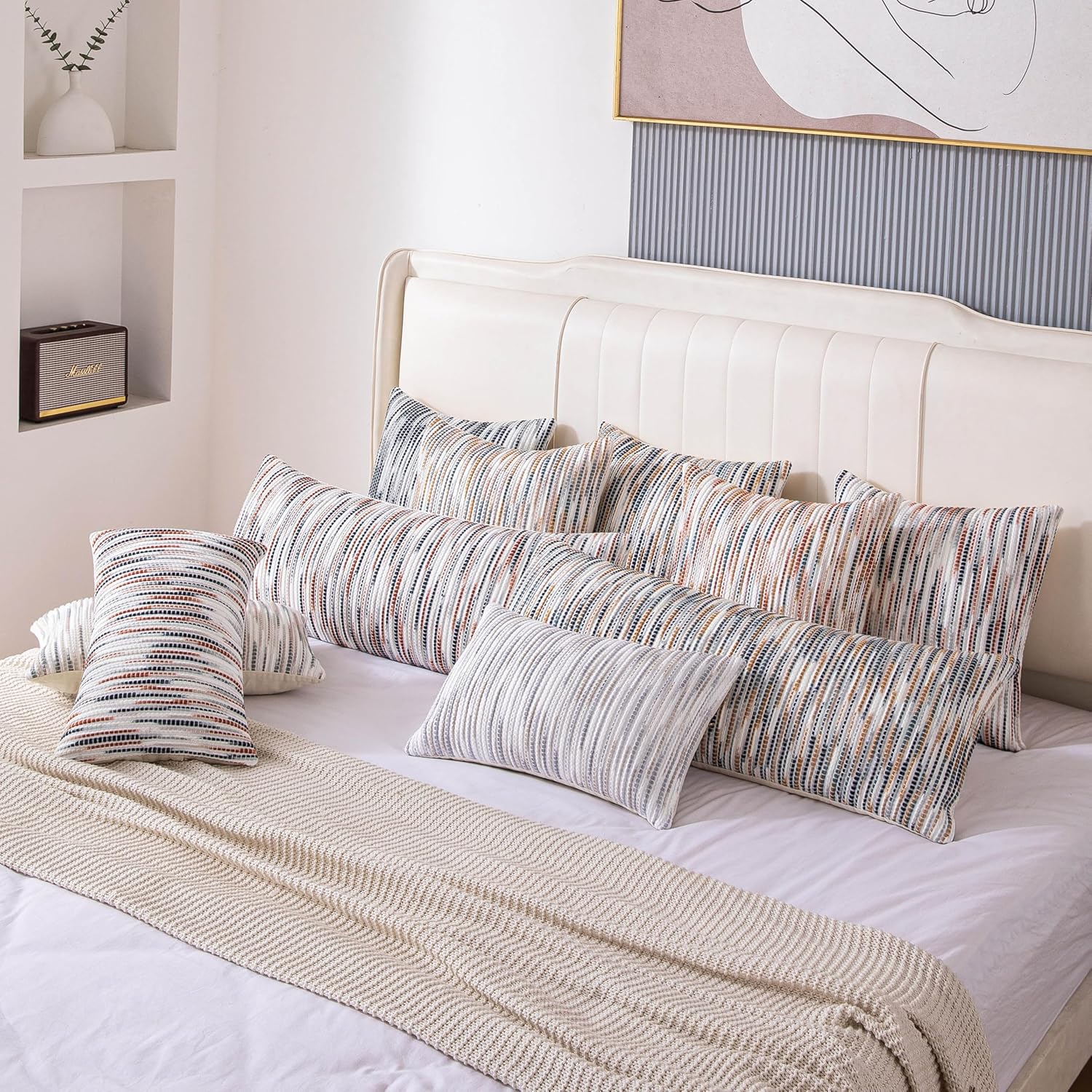 Boho Lumbar Couch Throw Pillow Covers 12x20 Inch Set of 2 Grey Blue Striped Decorative Pillow Covers Chenille Accent Pillowcase Farmhouse Cushion Covers for Home Decor Sofa Livingroom Bedroom - Image 7