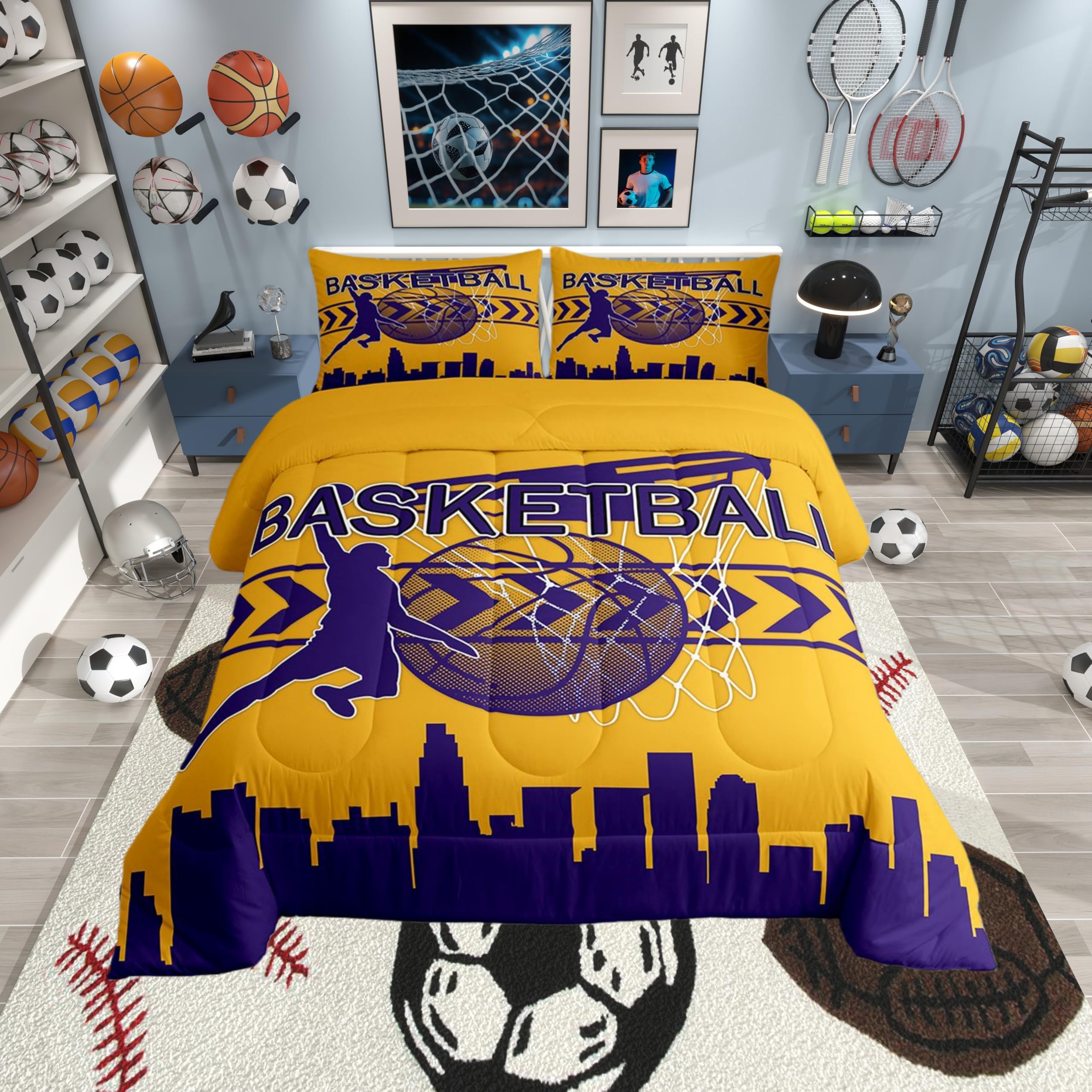 Parure de lit garçon motif Los Angeles jaune et violet pour chambre d'enfant urbaine