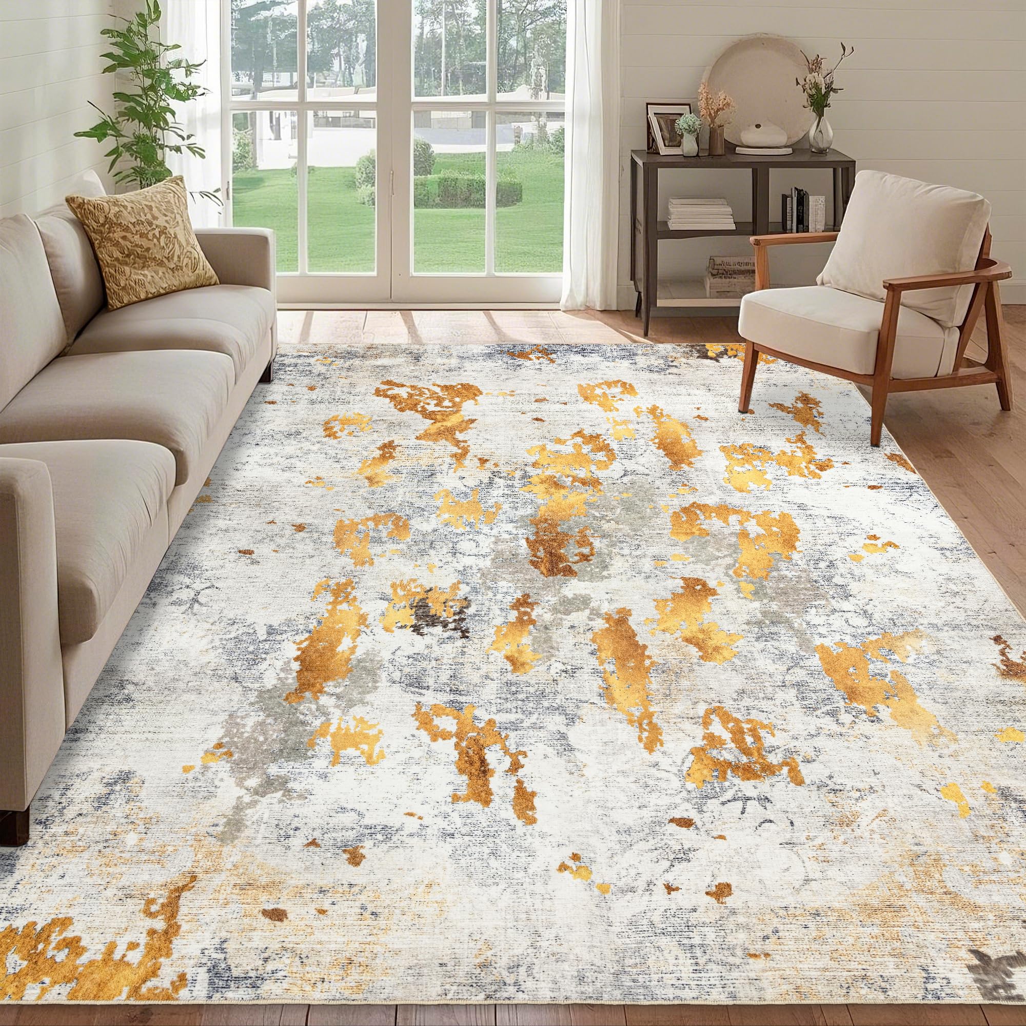 Ruicharm Washable 5x7 Area Rug: Modern Large Rugs for Living Room Dining Room Bedroom Office Indoor - Non-Slip Carpet Home Decor - 5x7 Orange Gold