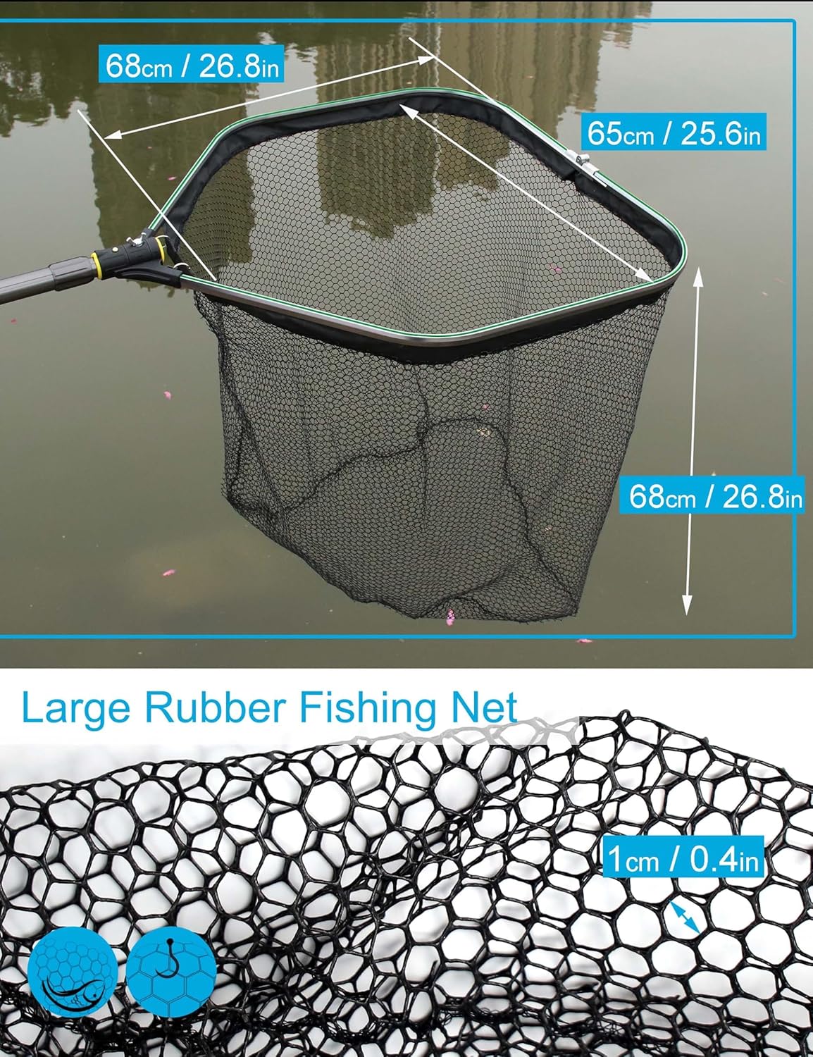 Saltwater Large Fishing Net with Handle 75.8"-105.7" - Extra Large Rubber Fishing Landing Net with Telescoping Handle Fish Net, Aluminum Half Folding Nets, Depth 26.8in