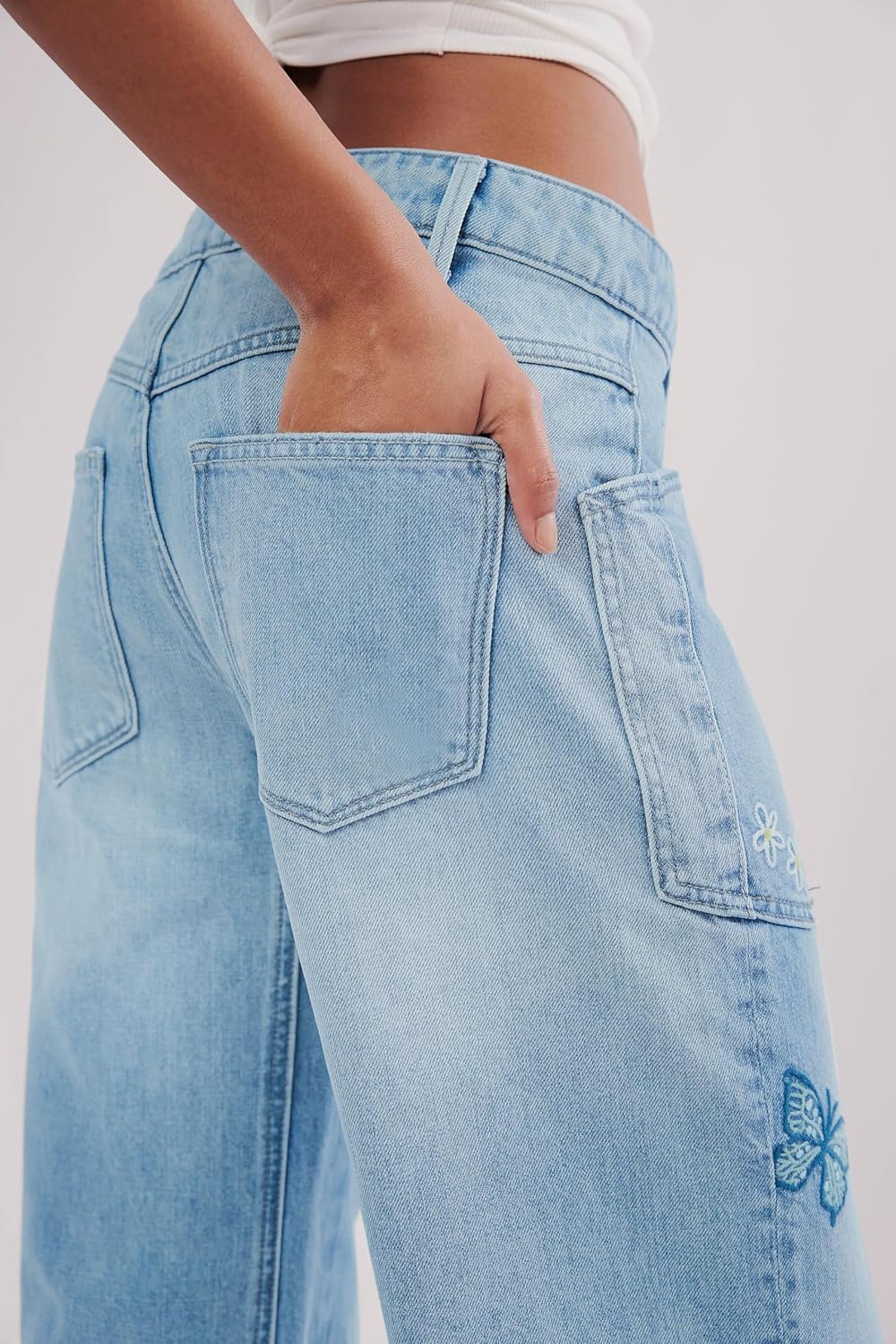 LifeShe Women's Embroidered Barrel Jeans Low Rise Wide Leg Denim Pants Stretchy Baggy Boyfriend Trousers - Image 4