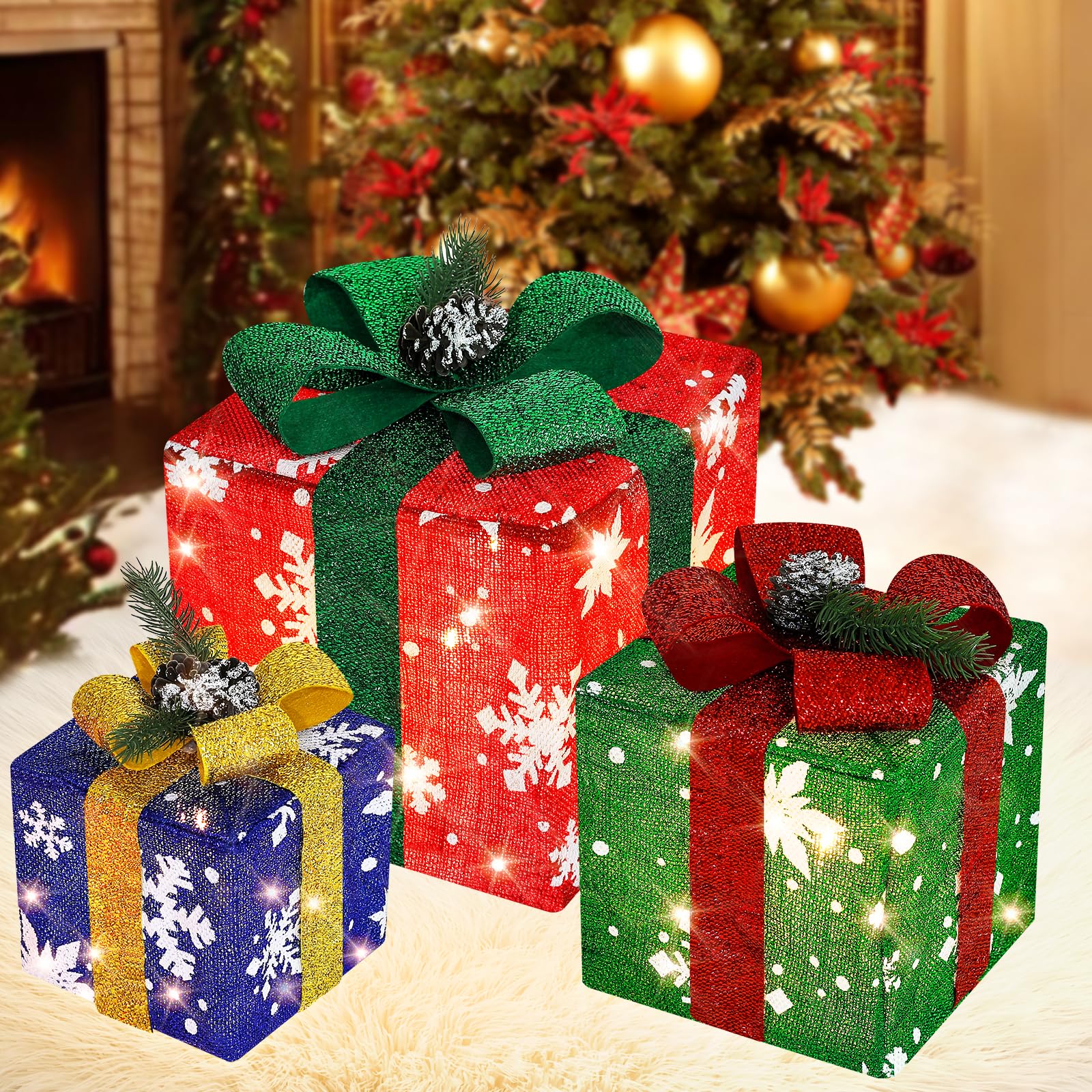 VerRonChristmas Decorations, Set of 3 Christmas Lighted Gift Boxes, Light Up Present Boxes Ornament for Xmas Tree Indoor Outdoor, Christmas Holiday Decoration for Fireplace Door Party Yard Lawn Decor