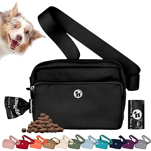 Puppington 3-in-1 Crossbody Dog Walking Bag & Treat Pouch with Matching Planet Safe Poop Bags & Built-In Dispenser - Dog Mom Gift for Puppy Training with Zippered Pockets (Onyx Black)