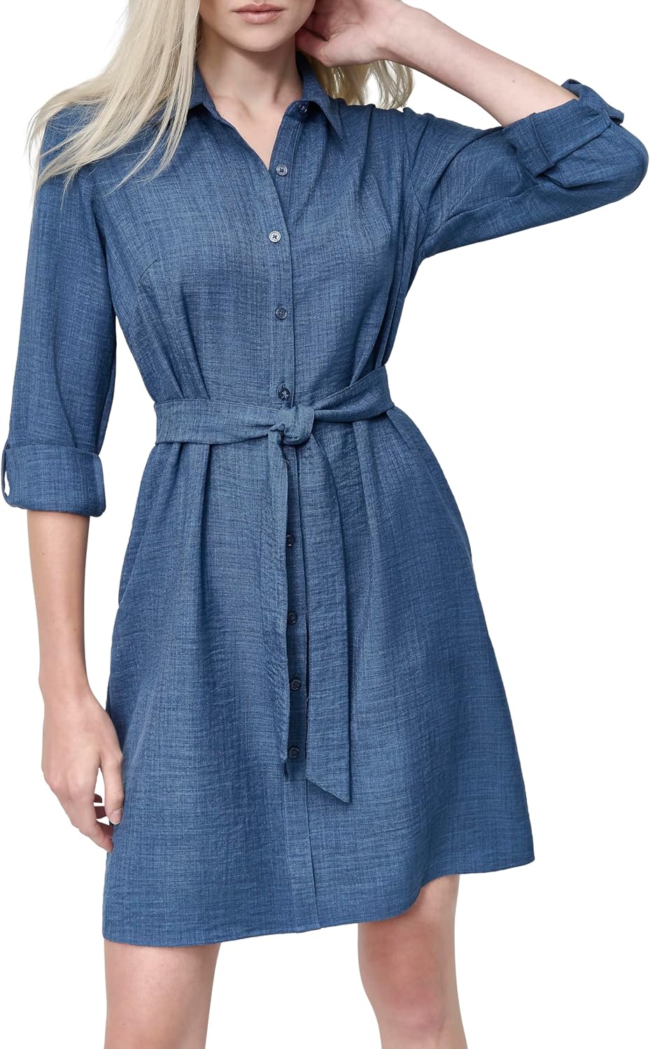 DKNY Womens Long Sleeve Collared Tie Fit & Flare Mini Dress