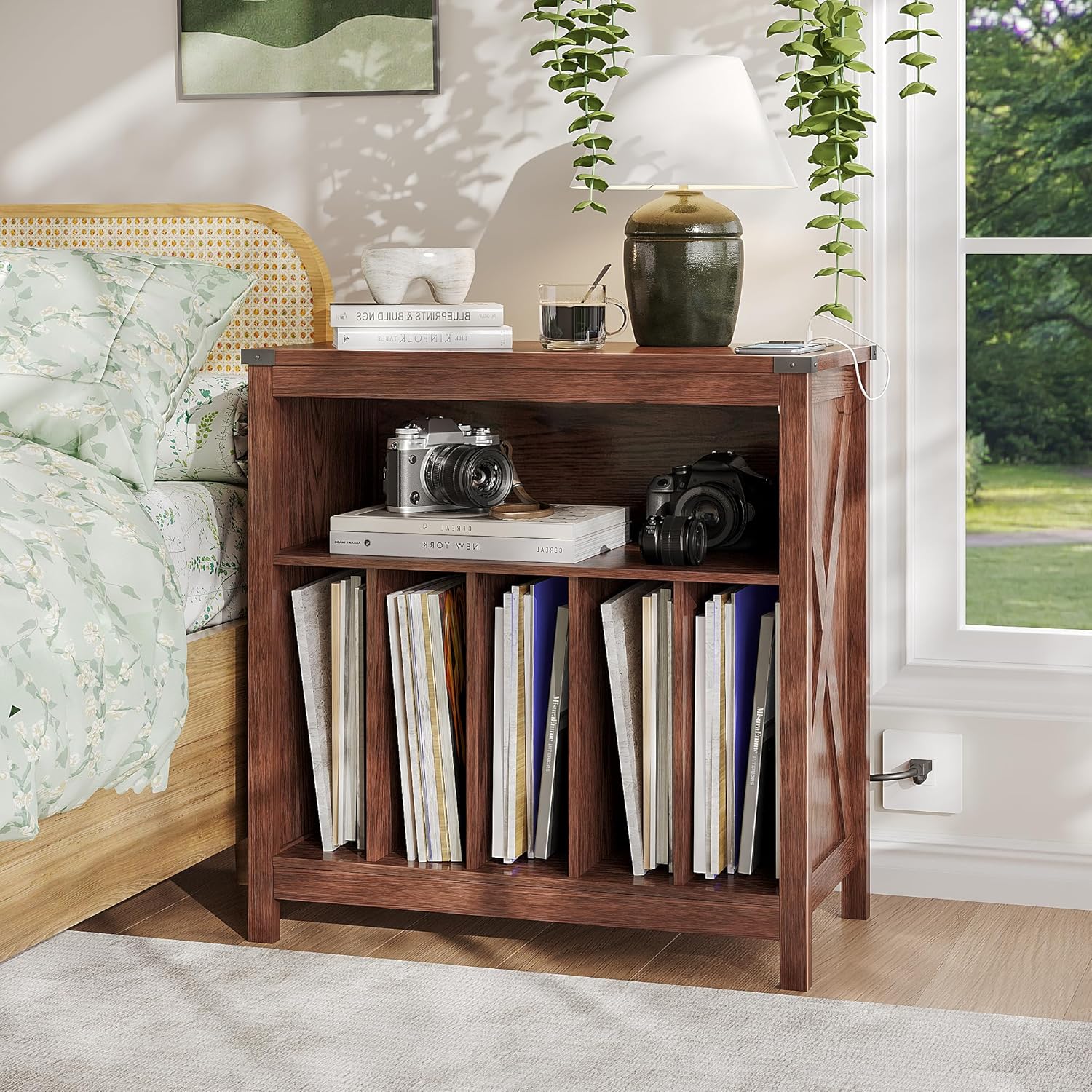 ChooChoo Large Record Player Stand with Charging Station & LED Light, Vinyl Record Holder hold up to 300 Albums, Farmhouse End Table for Bedroom, Living Room, Walnut