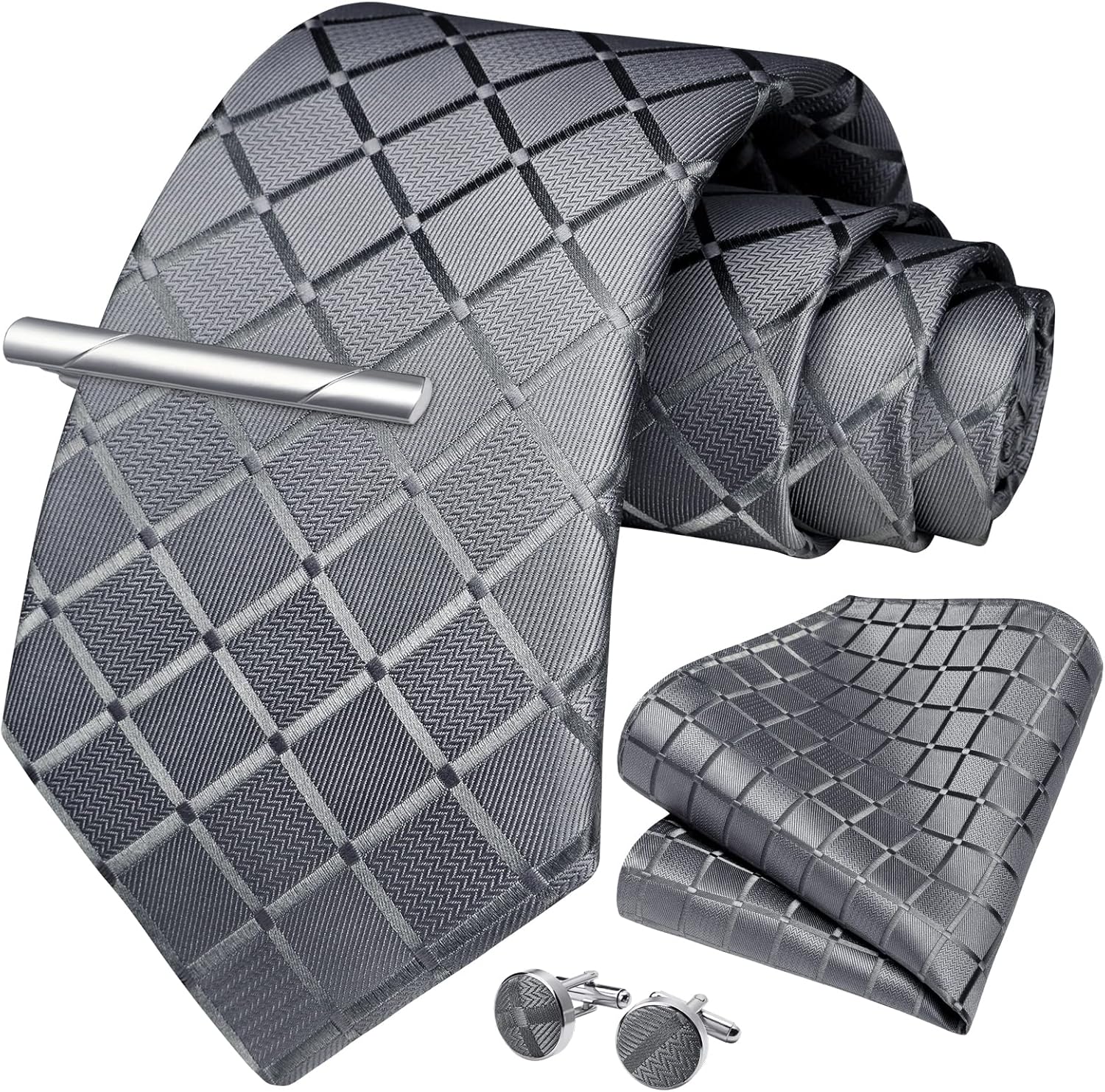 HISDERN Plaid Ties for Men Classic Checkered Tie and Pocket Square Cufflinks Tie Clip Set Woven Men's Necktie Business - Image 3