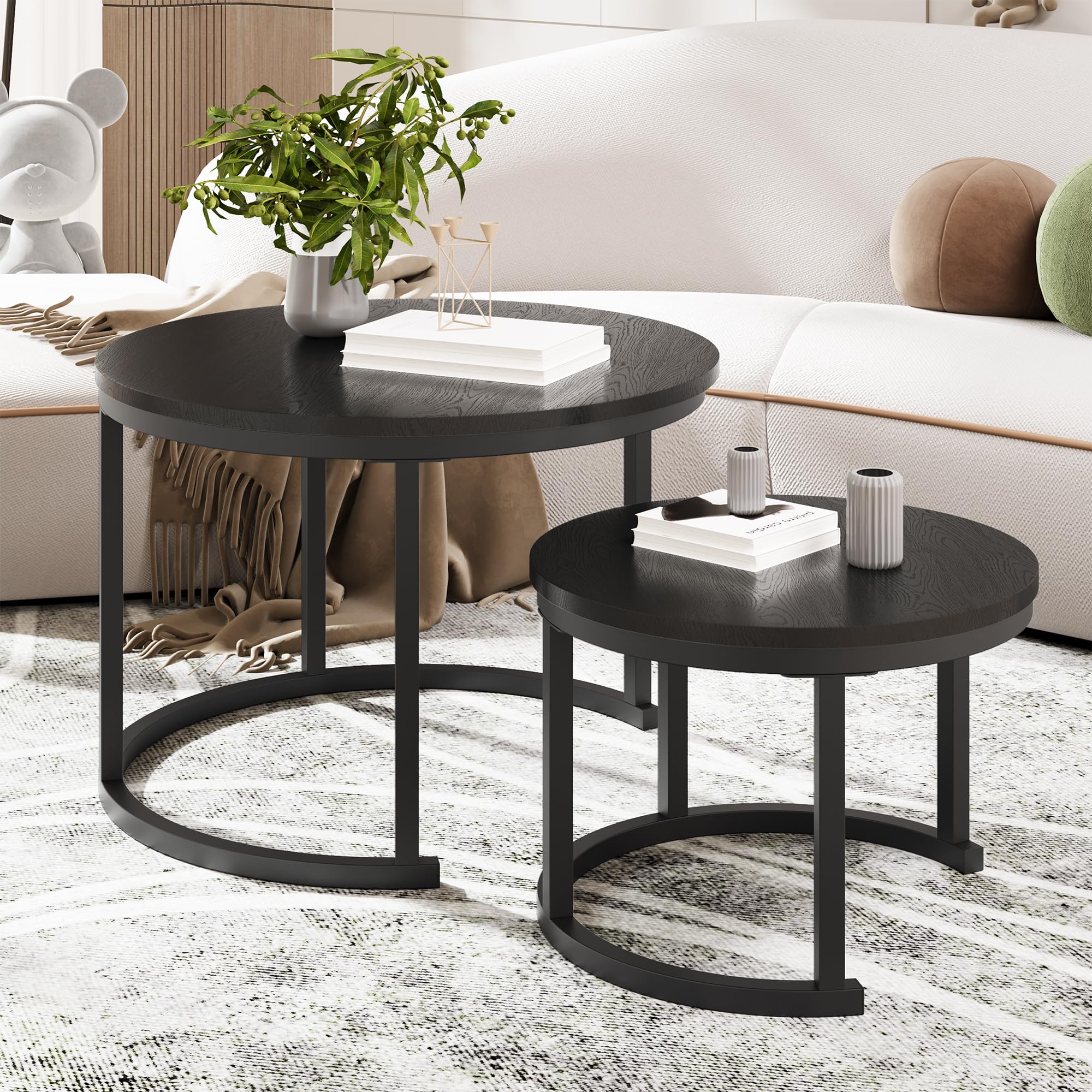 HOMERECOMMEND Tavolino rotondo, set da 2 pezzi, tavolino da salotto in legno, moderno, con struttura in metallo, per soggiorno, balcone, nero