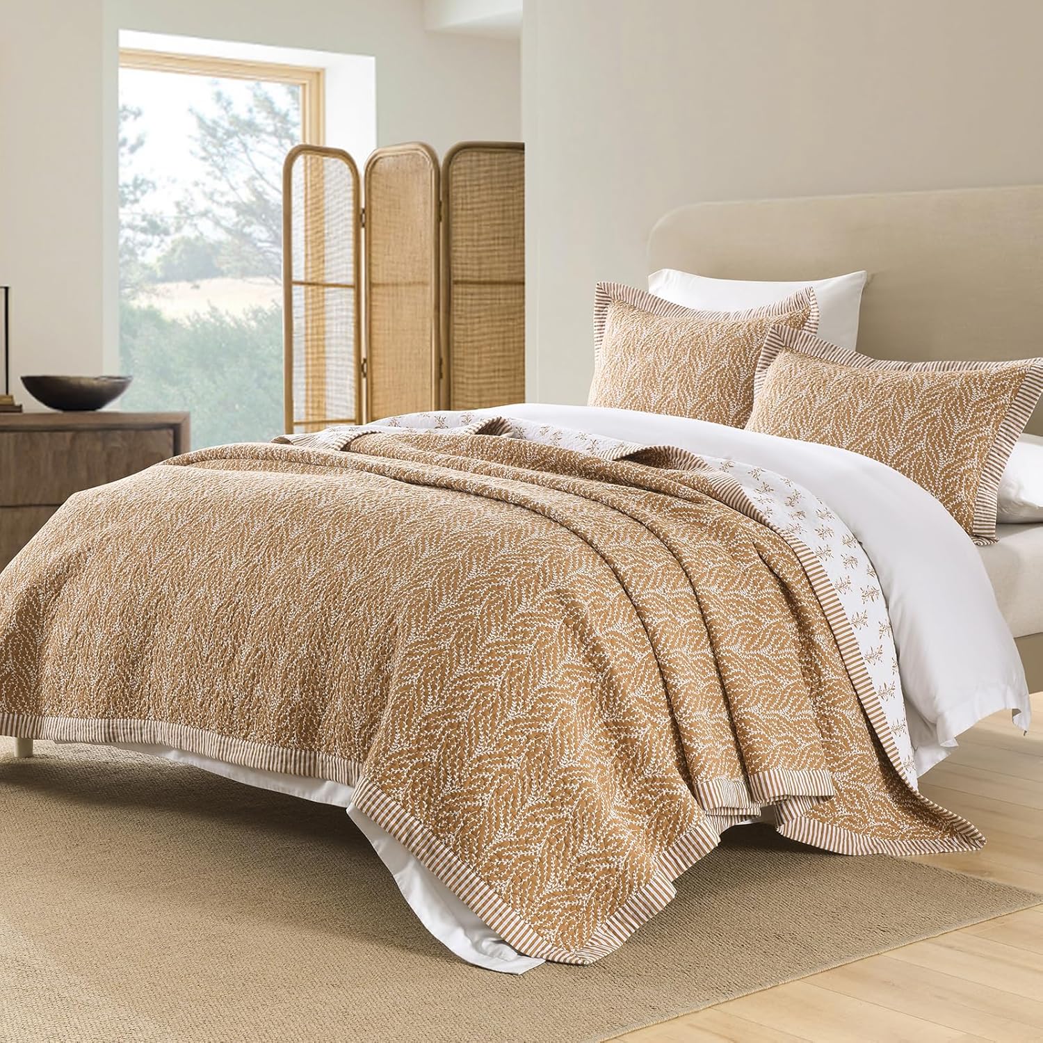 SahSahCasa Quilt Set King Size, 100% Cotton Quilt Bedding Set Bedspread, Botanical Pattern Solid Color Chic Lightweight Quilted Comforter for King Bed, White/Orange, All Season, 3 Pieces