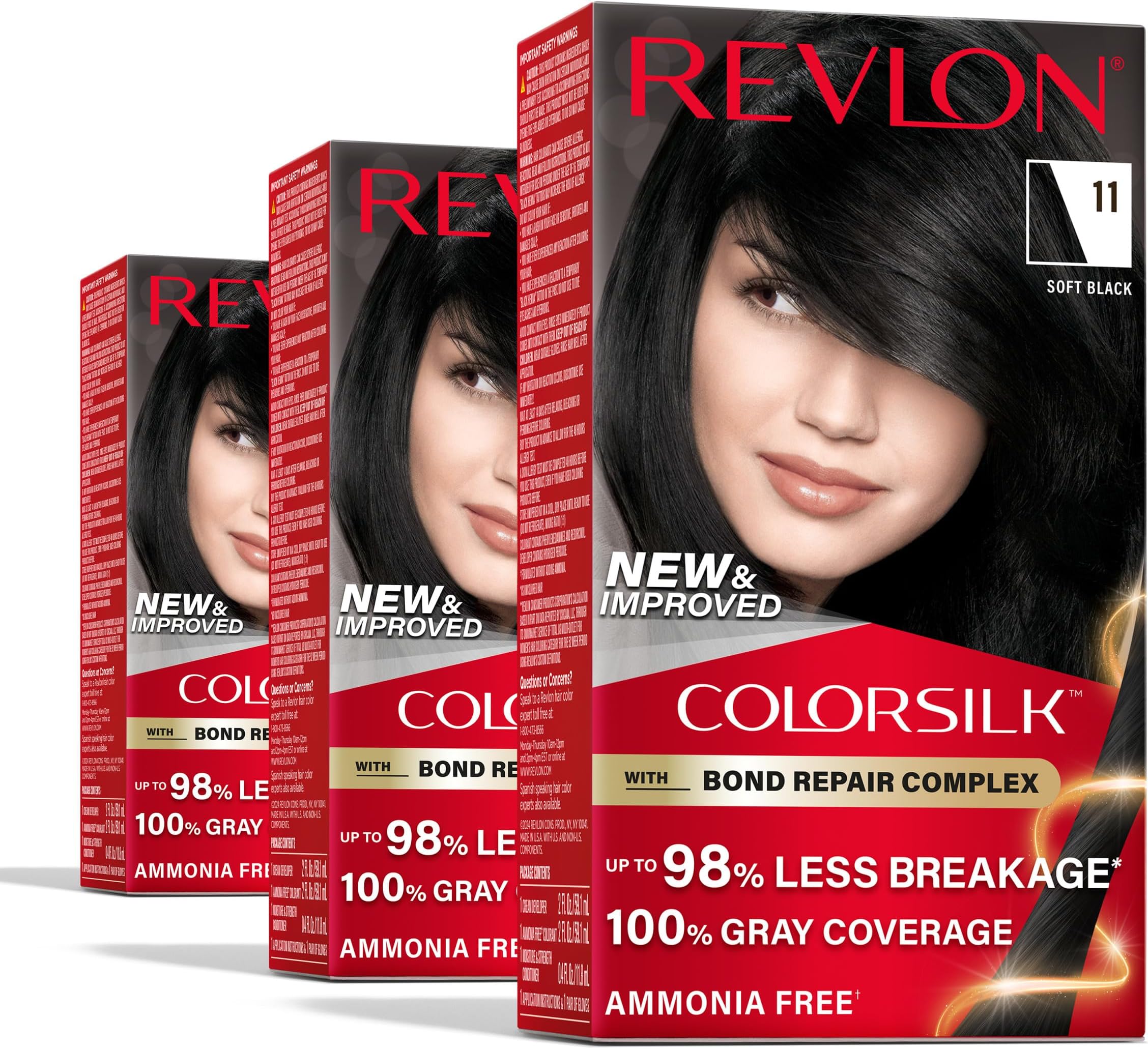 Revlon ColorSilk with Bond Repair Complex, Black Permanent Hair Color, 100% Gray Coverage, Ammonia Free Hair Dye, Vegan Keratin, 11 Soft Black (Pack of 3)