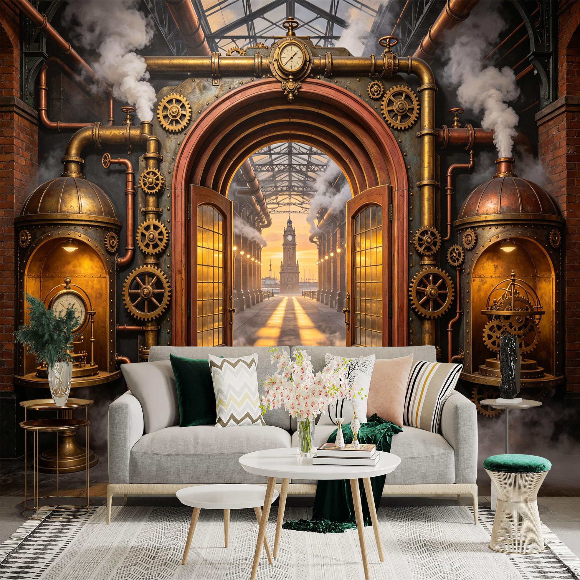 Custom Size Wall Sticker Mural， Vintage Industrial Clockwork Tunnel with Brass Pipes and Steam， for wall Decoration， peelandstick wall Decals.