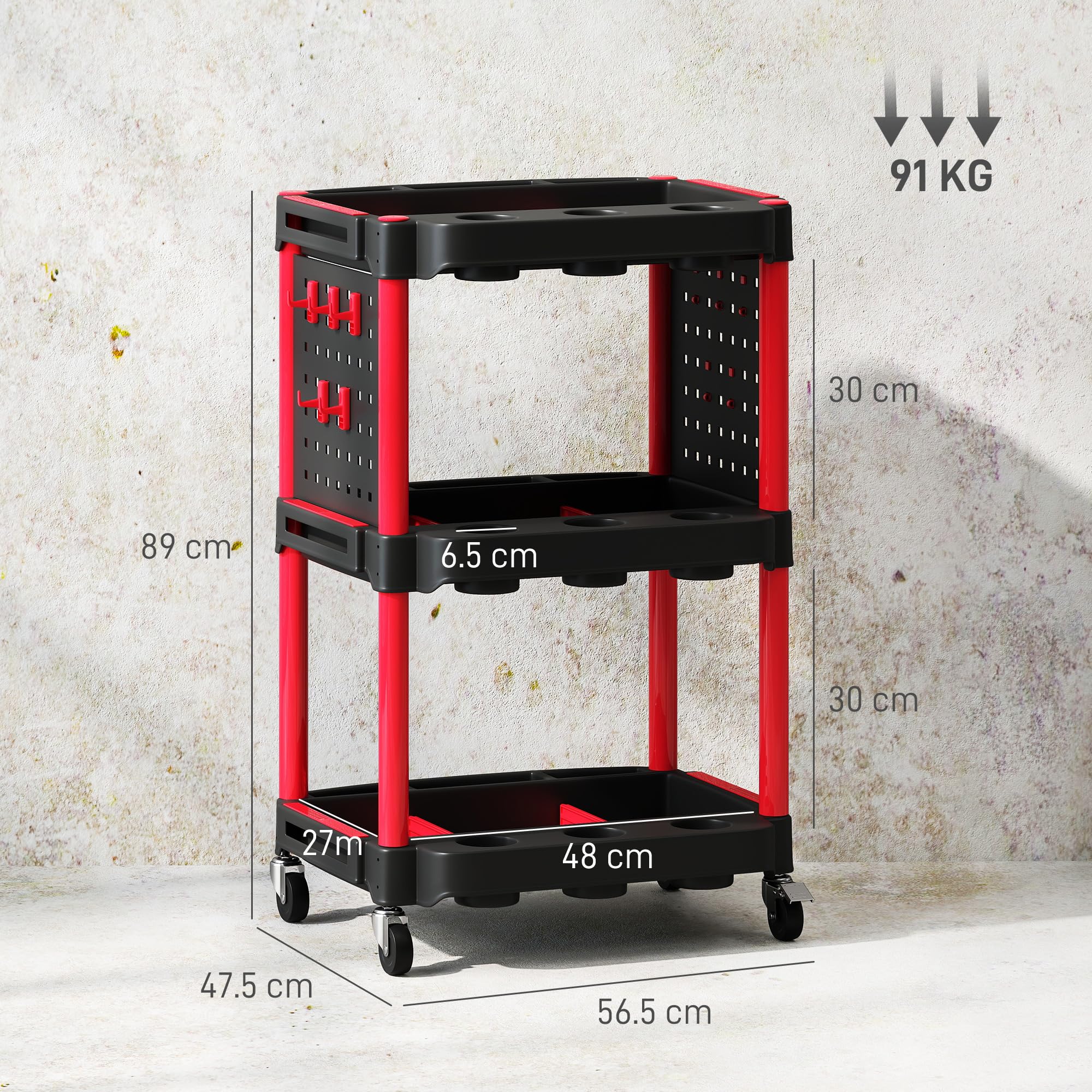 HOMCOM Carrello Porta Attrezzi a 3 Livelli, Carrellino da Officina in Plastica con Pannello Forato Laterale Portautensili, Capacità 91 kg, Nero e Rosso
