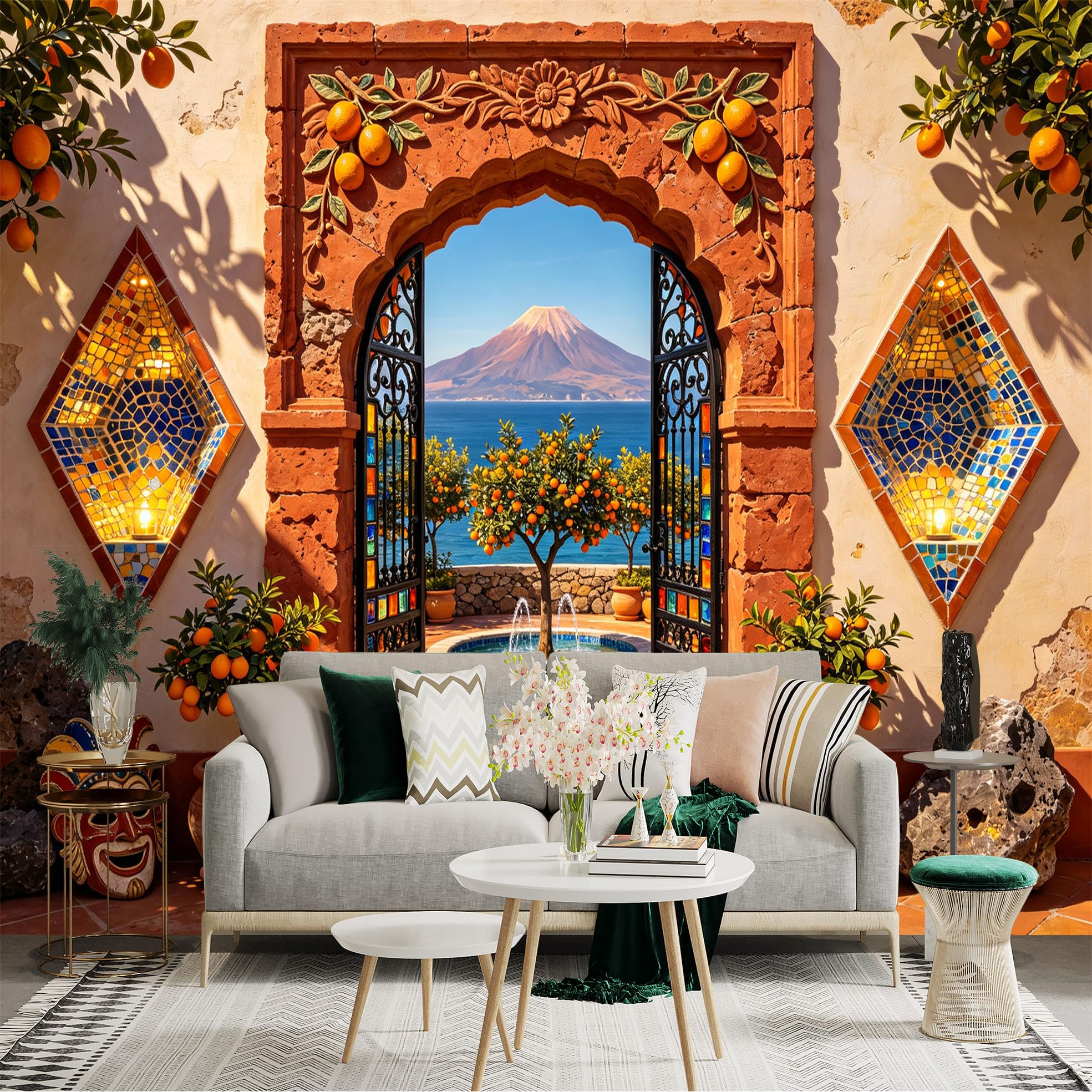 Custom Size Wall Sticker Mural， Mediterranean Courtyard with Ocean View， Orange Trees， Mosaic Archway， for wall Decoration， peelandstick wall Decals.