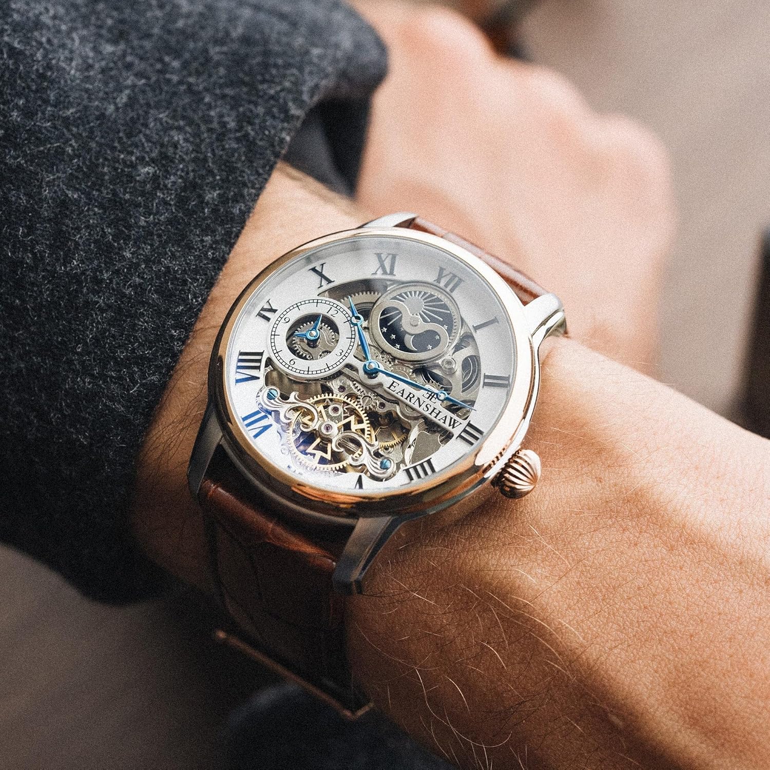 Thomas Earnshaw Men's 44mm Heritage Longitude Dual Time Skeleton Automatic Watch with Solid Stainless Steel Bracelet ES-8006