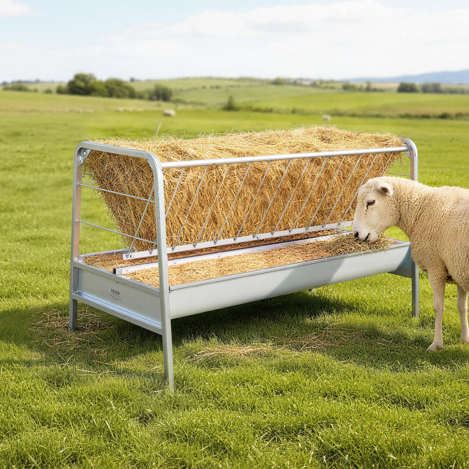 VEVOR Comedero de Heno 2 en 1 para Ganado, Capacidad de 300 L, Comedero de Heno y Granos, 147 x 70 x 86,5 cm, con 2 Canales Profundos, Marco de Acero al Carbono, para Cabras Ovejas Caballos Vacas