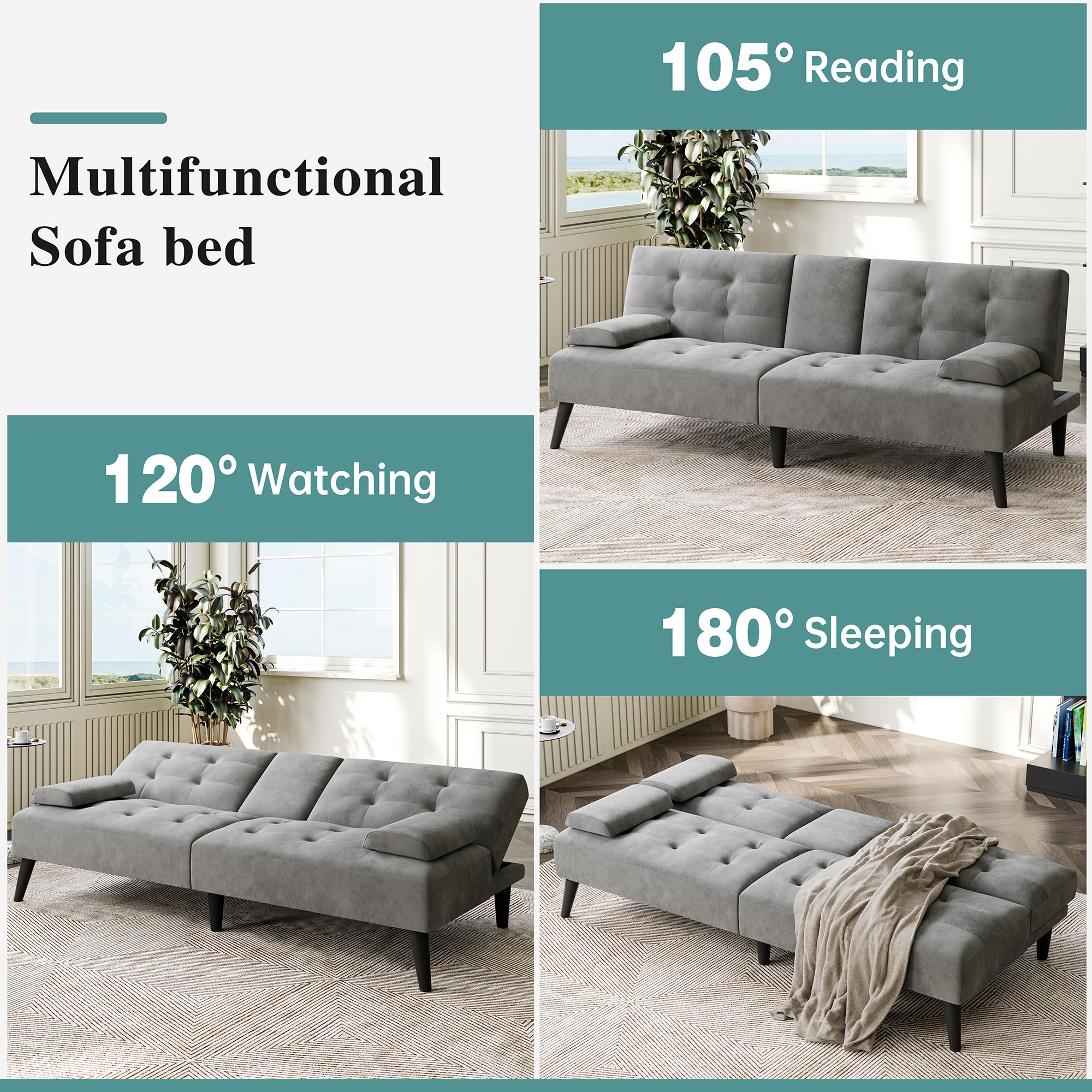 64" Futon Sofa Bed, Convertible Loveseat with 2 Cup Holders, Small Couch with 3 Adjustable Angles & Armrests, Sleeper Sofa for Small Space, Dark Grey