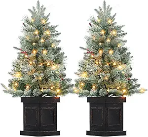 GarveeHome 3ft Small Christmas Tree 2 Set Pre-Lit Artificial Christmas Tree with 78 Led Lights, Snow Flocked Xmas Tree with Brown Base, Timer Function, Battery Operated, for Home Christmas Decor