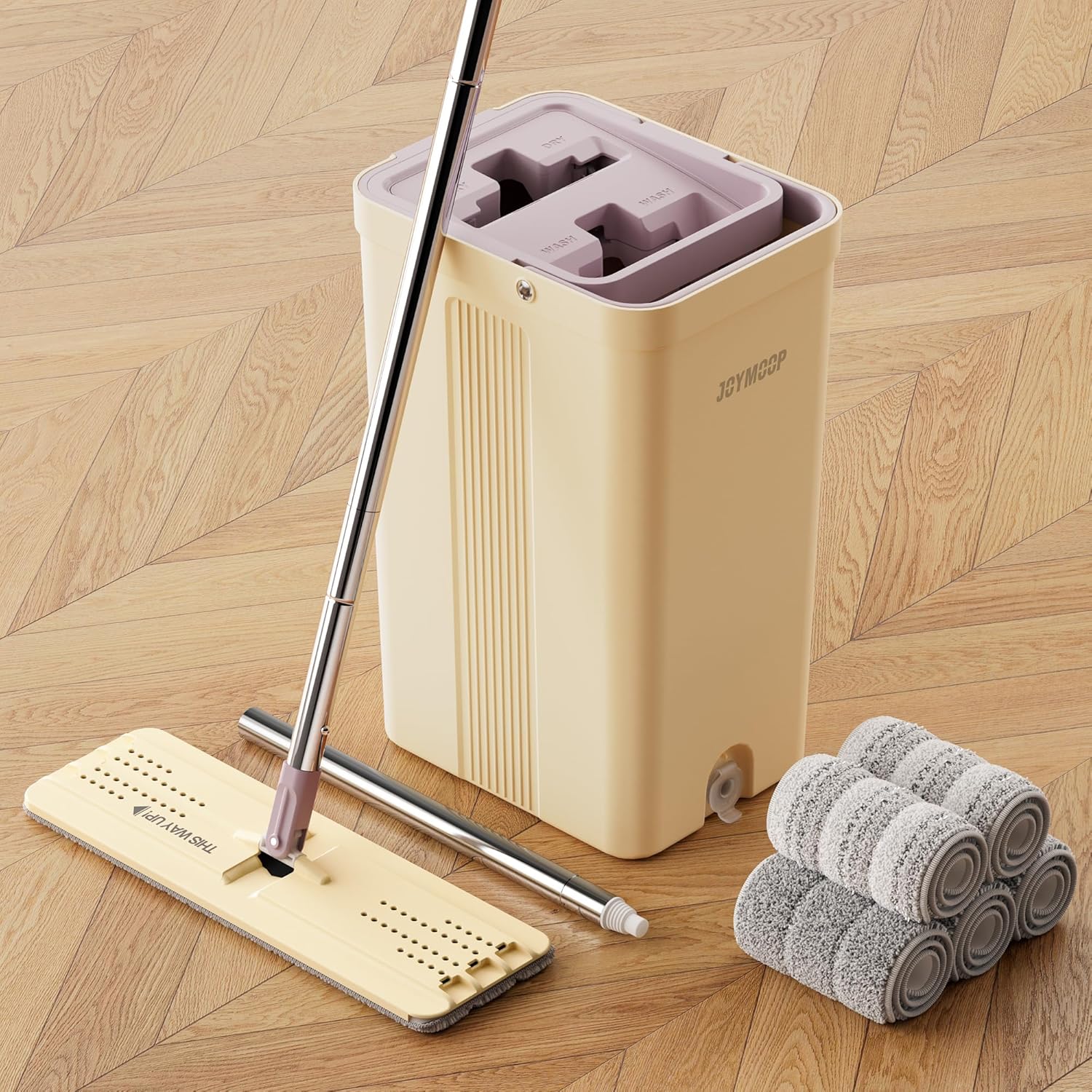 JOYMOOP Mop and Bucket Set (Beige & Blush Brown) with Extension Handle, Ideal for Floor, Window, and Wall Cleaning – Includes 5 Washable Microfiber Pads for Wet and Dry Use JOYMOOP Mop and Bucket Set (Beige & Blush Brown) with Extension Handle, Ideal for Floor, Window, and Wall Cleaning – Includes 5 Washable Microfiber Pads for Wet and Dry Use