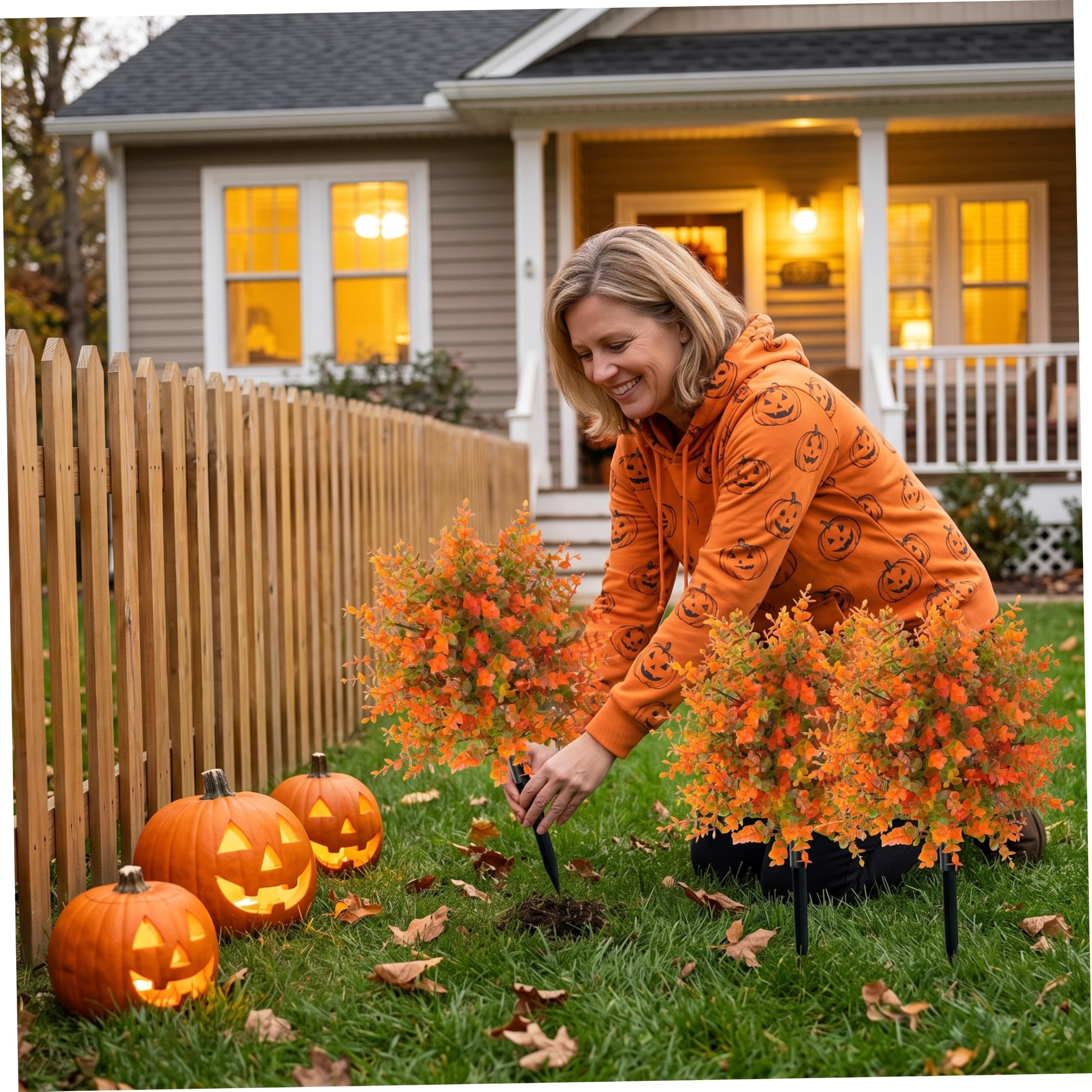 Confezione da 2 arbusti artificiali da esterno Decorazioni per Halloween da esterno - Pali floreali autunnali con foglie di eucalipto e fiori d'arancio arancioni