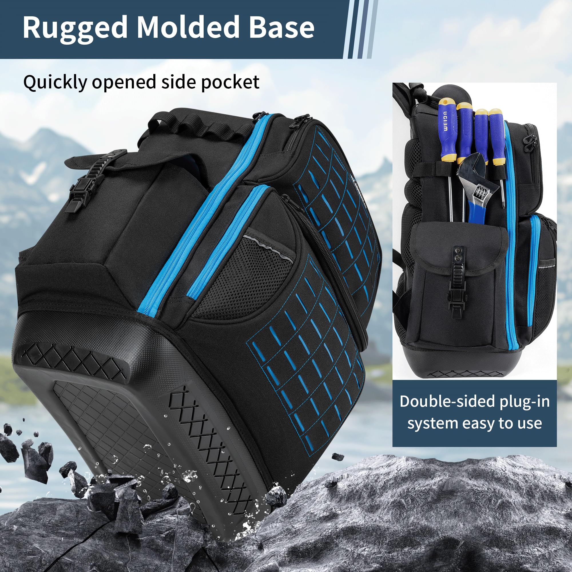 Mochila de herramientas para hombre, mochila de herramientas resistente con base moldeada impermeable, 62 bolsillos/40 bucles, bolsas organizadoras de herramientas resistentes,