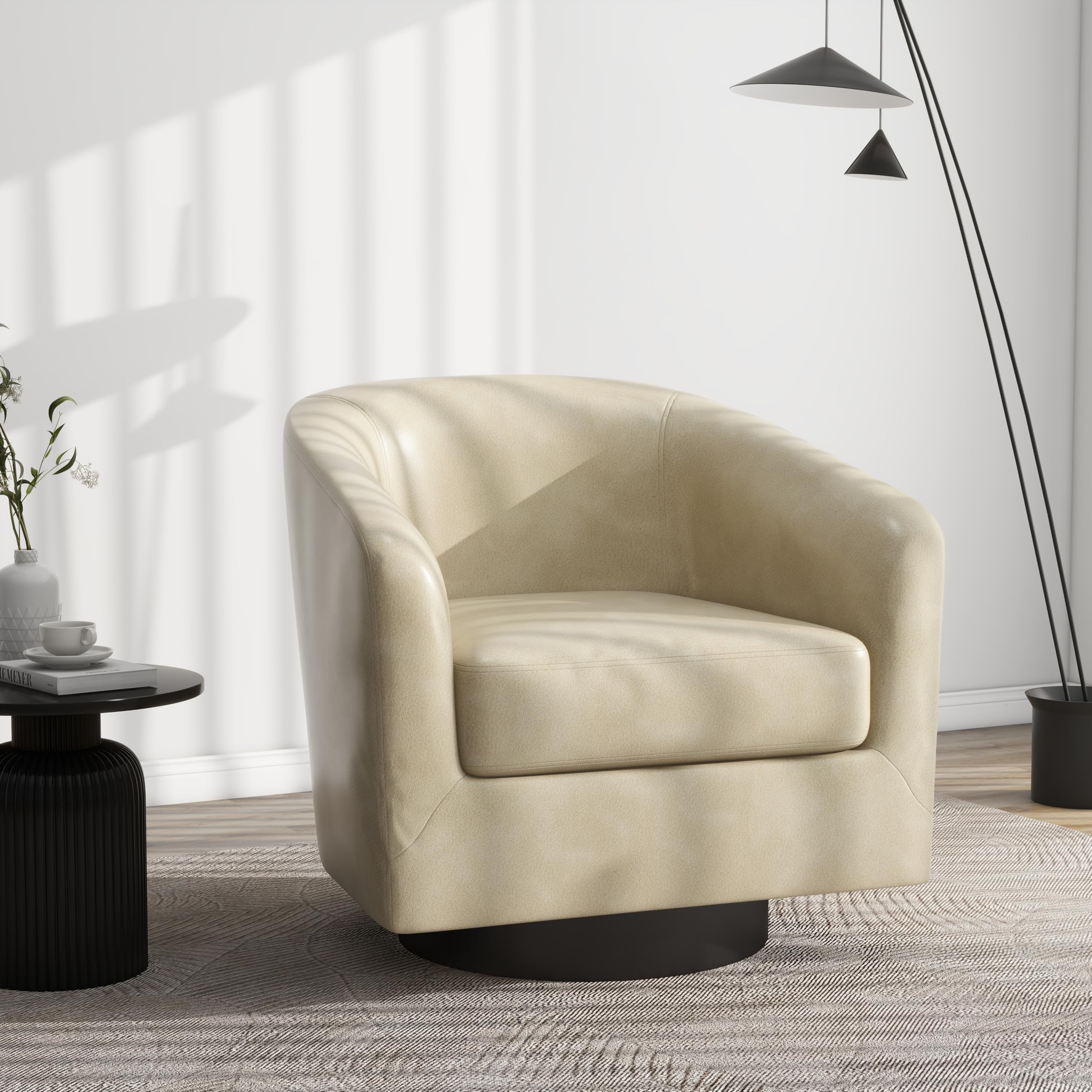 Swivel Barrel Accent Chair, Modern Round Faux Leather Arm Chair for Living Room, Bedroom, Comfy Club Reading Chairs for Adults, Faux Leather, Cream,