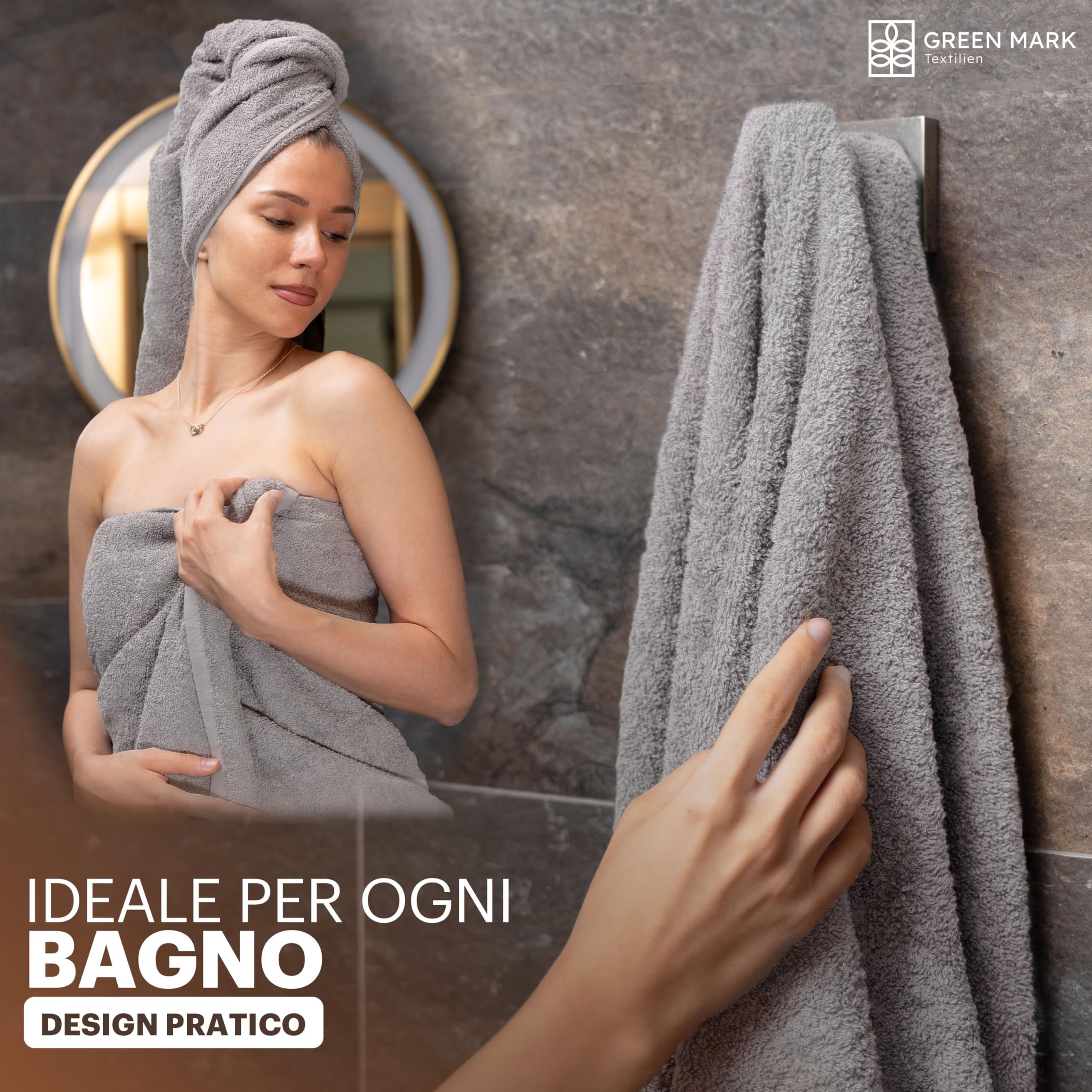 NatureMark Set da 4 teli doccia – teli doccia morbidi e assorbenti in 100% cotone, adatti all’uso quotidiano – Grigio Argento, 70x140 cm