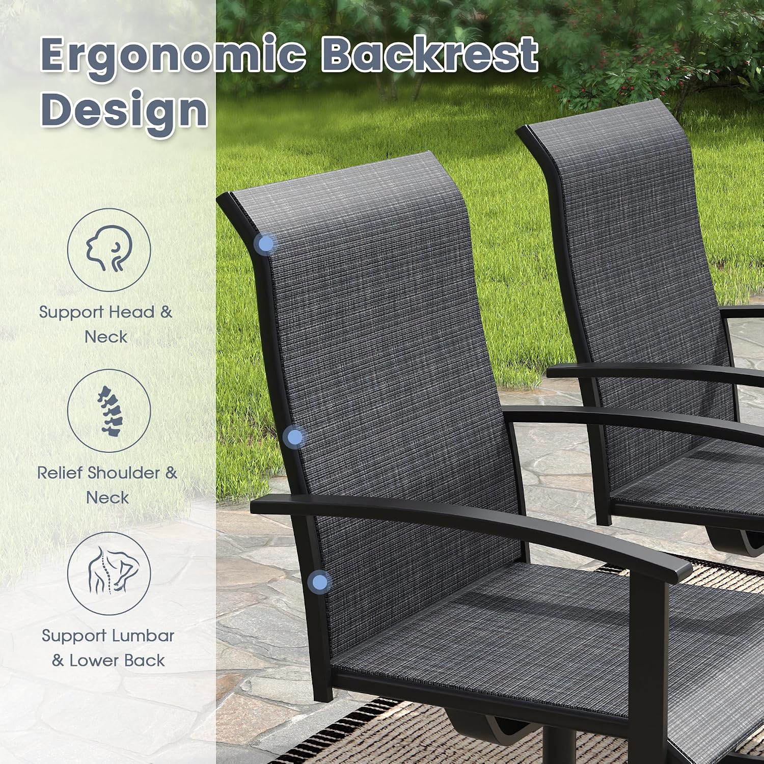 VICLLAX 7 Pieces Patio Outdoor Dining Set, Including 2 Swivel Textilene Chairs, 4 Textilene Chairs and 59" Rectangular Metal Table with Umbrella Hole for Porch, Deck, Garden, Black